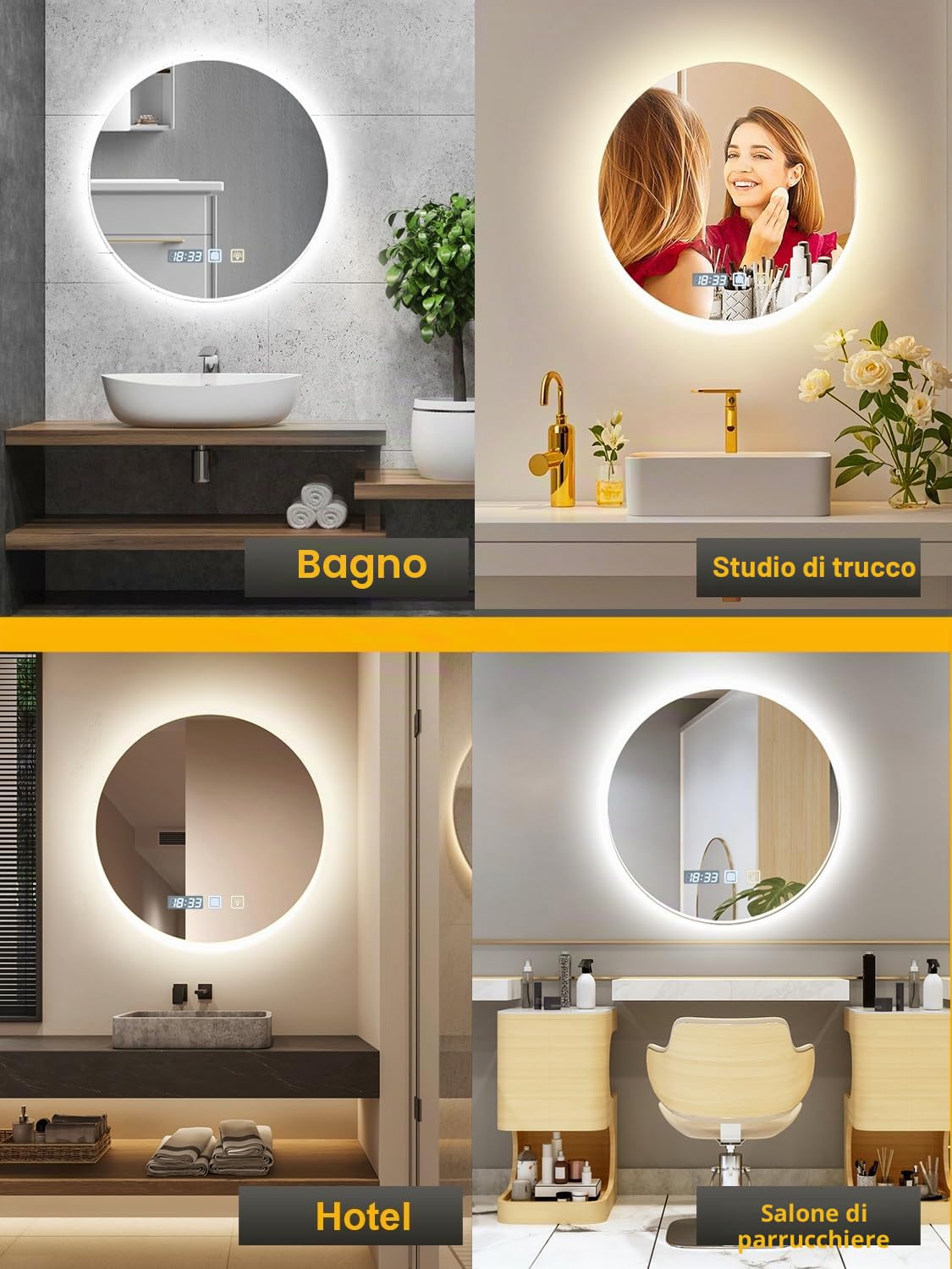 Specchio da bagno rotondo con illuminazione,specchio da parete da 60 cm,specchio a LED,3 colori di illuminazione regolabili, antiappannamento, interruttore touch,IP44,orizzontale/verticale