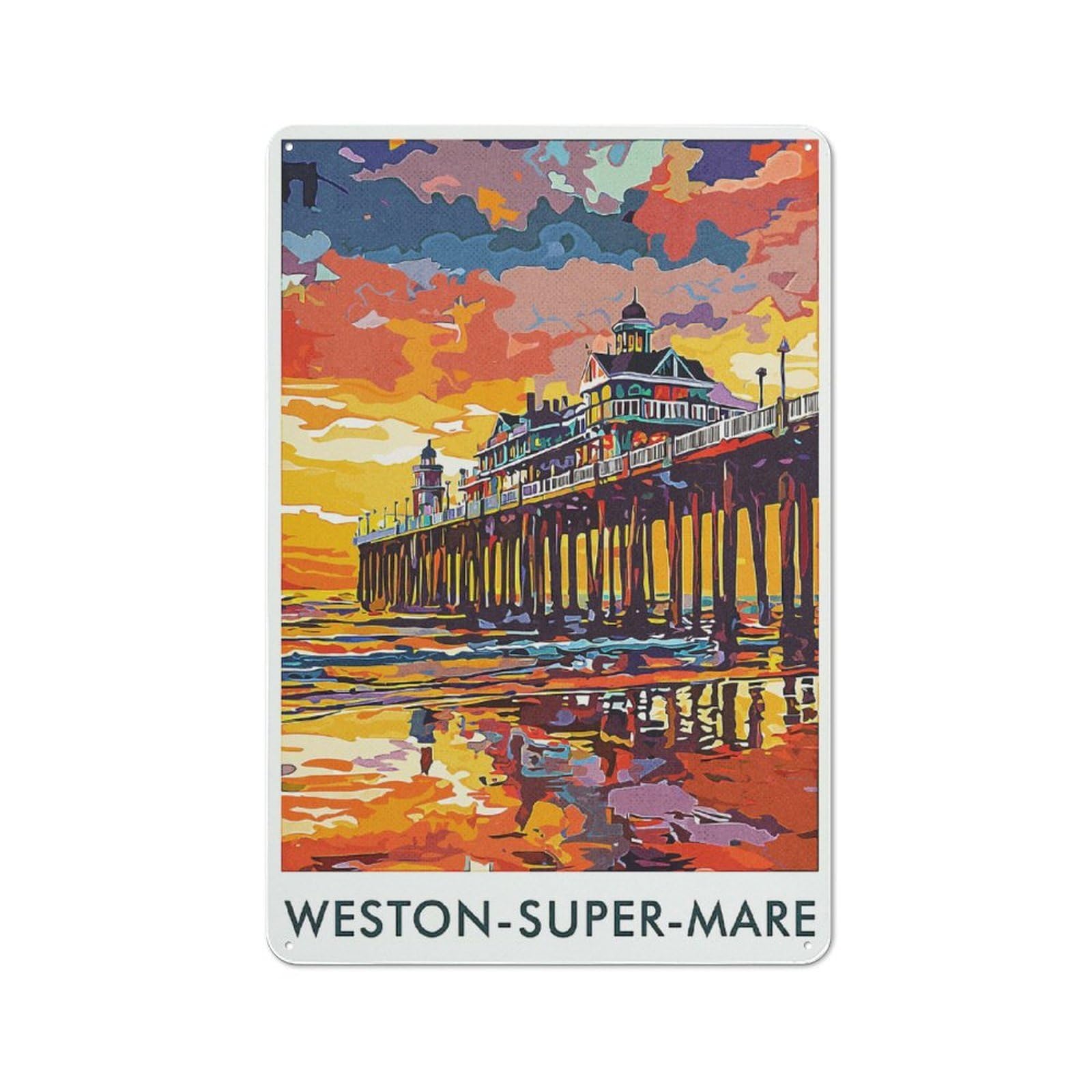 Junmoney Style-8 Tin Wall Plaque 30X20cm With Weston-Super-Mare Pier For Garage Wall, With Clear Vintage Wall Decor Character