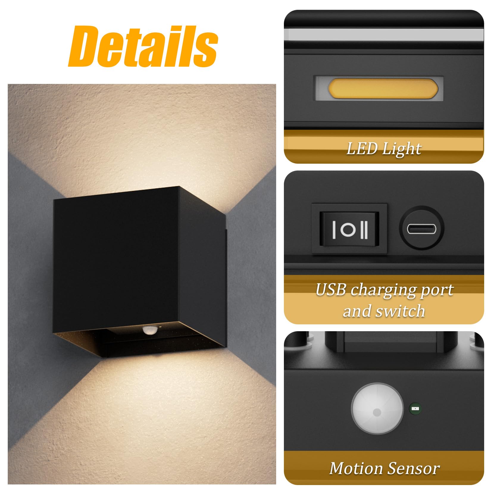 Coinmit 2 Pezzi Applique LED A Batteria Con Sensore Di Movimento, Luce Calda 3000K, Ricaricabile USB 5500mAh, Perfetta Per Corridoio, Camera E Scala, Design Nero Moderno