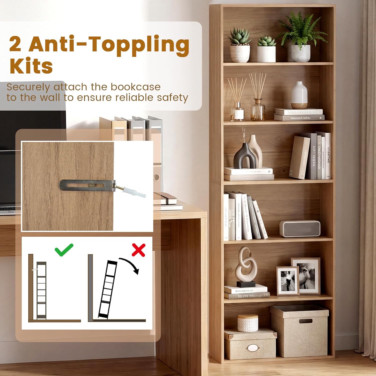 Tangkula 6-Tier Bookcase, 70” Tall Freestanding Bookshelf with 6 Open Shelves, Anti-Toppling Kits, Floor Display Storage Organizer for Living Room, Study, Kitchen, Home & Office (Natural, 70" H)