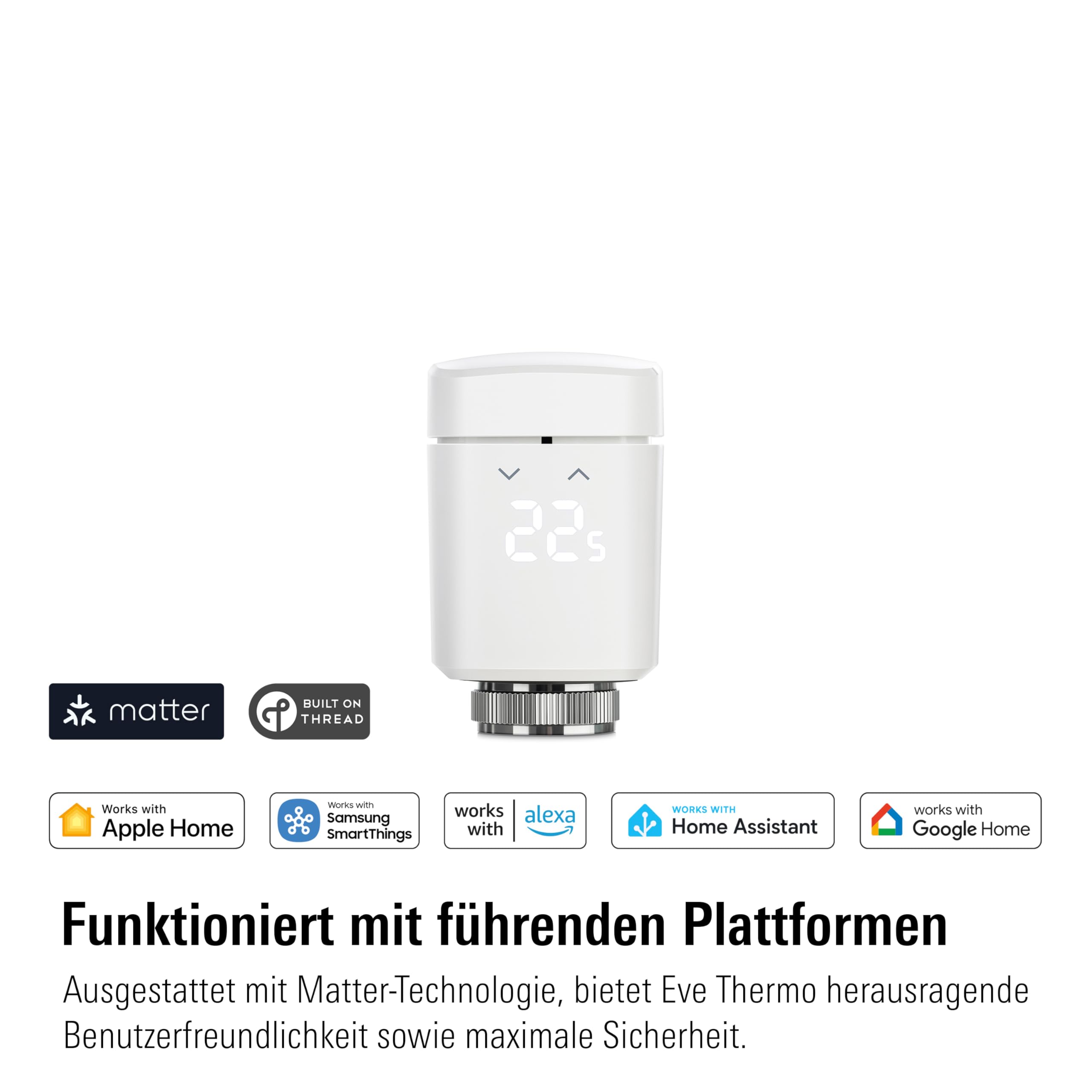 Eve Thermo (Matter) 4er Pack: Smartes Heizkörperthermostat, LED-Display mit Touch-Bedienfeld, Heizkosten sparen, Apple Home, Amazon Alexa, Samsung SmartThings, Google Home, Ben. Thread Border Router | Heizkosten sparen, LED-Display, App & Sprache, für Ale