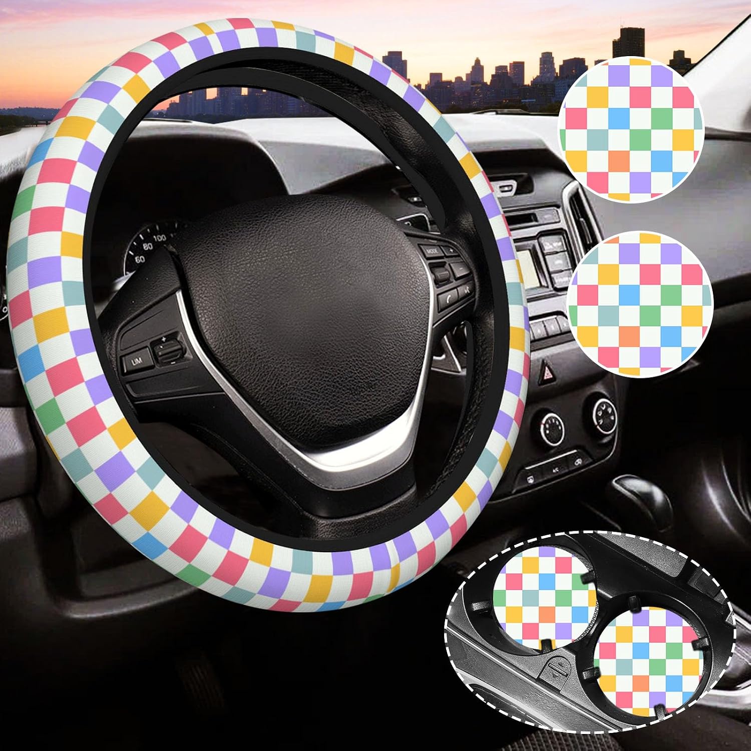 Pink and Black Checkered Steering Wheel Cover for Women, Universal Auto Steering Wheel 14-15 Inch Car Interior Accessories with 2PCS Car Coasters, Suitable for Men and Women