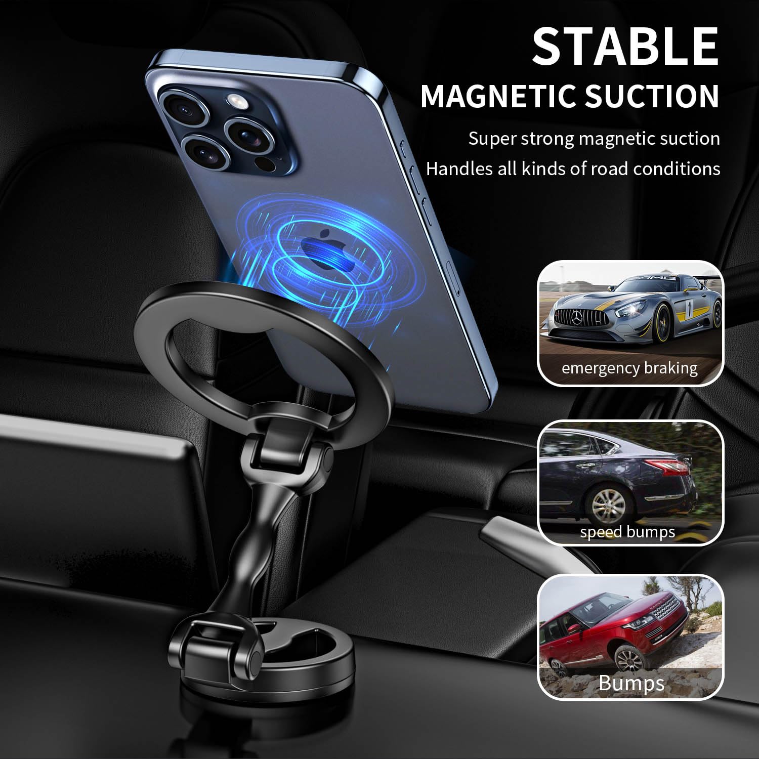 LANXINGLUO Full Metal Support Telephone Voiture Magnetique ,S'applique à Support Telephone Voiture Magsafe,Rotation De 360 Convient à Tous Les Téléphones Portables,Argent