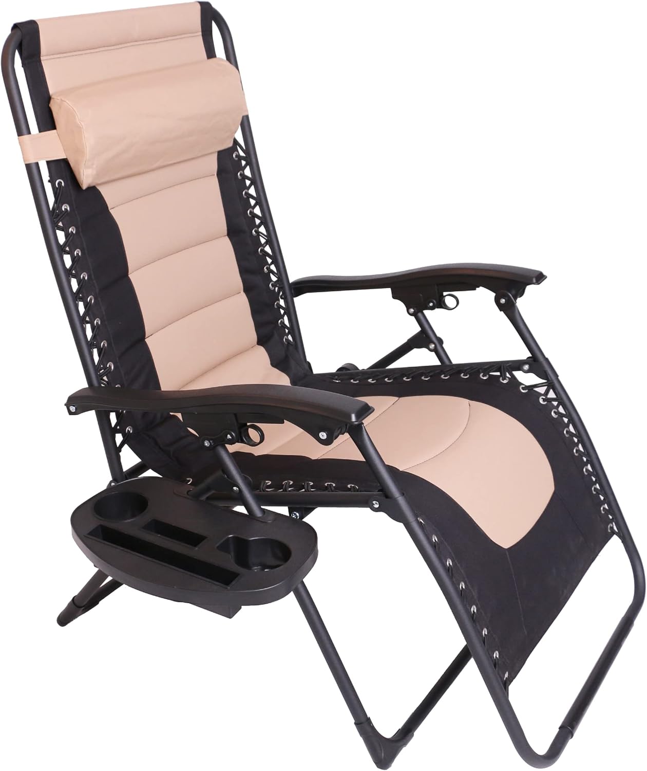 BTEXPERT Set of 2, Oversized Padded Zero Gravity Chair Folding Recliner Chaise Lounge Outdoor Garden Utility XL Anti-Gravity Lounger, Side Tray Cup Holder, Headrest Pillow (2 Tan Black) (5196-2)