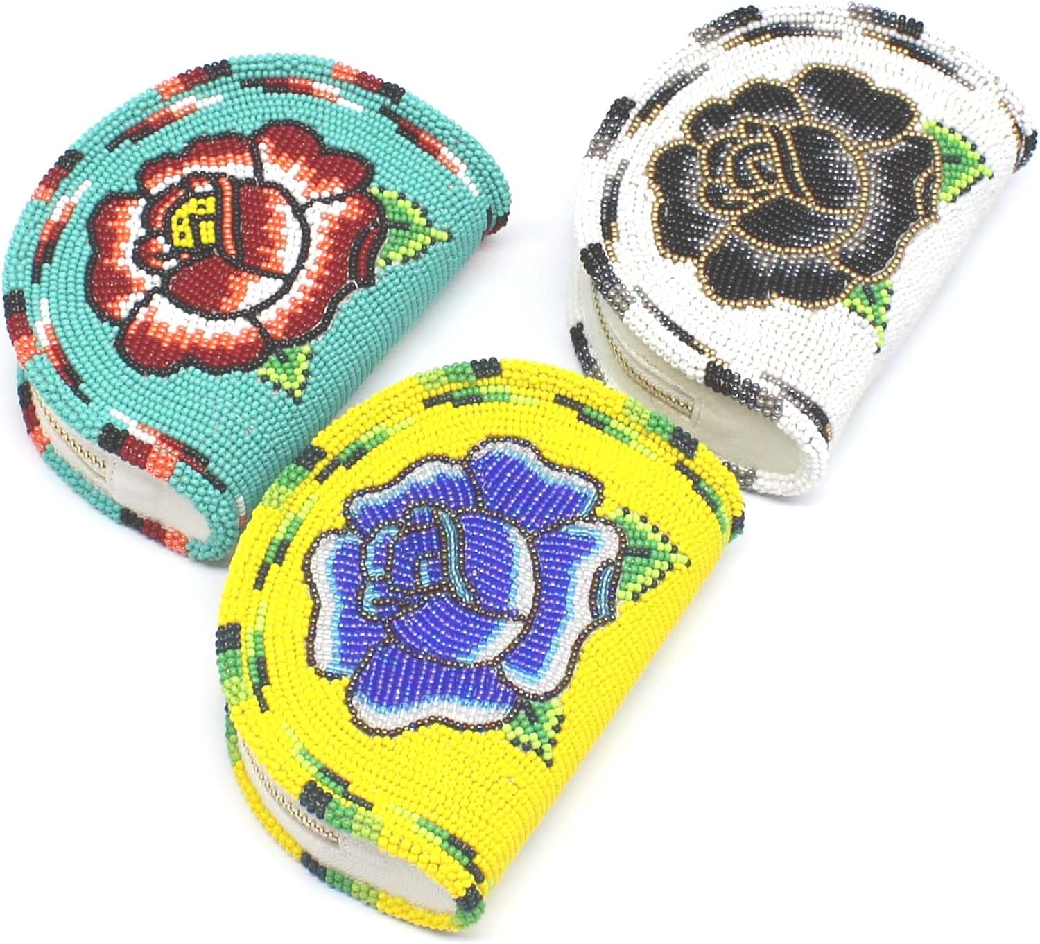 Coin Purse Boho Women Small Beaded Rose Multicolor Handmade Mini Wallet Pouch Native American Style Cz Glass Seed Beads Leather Change Purse Vintage Gift Wristlet Travel Compact - Set of 3