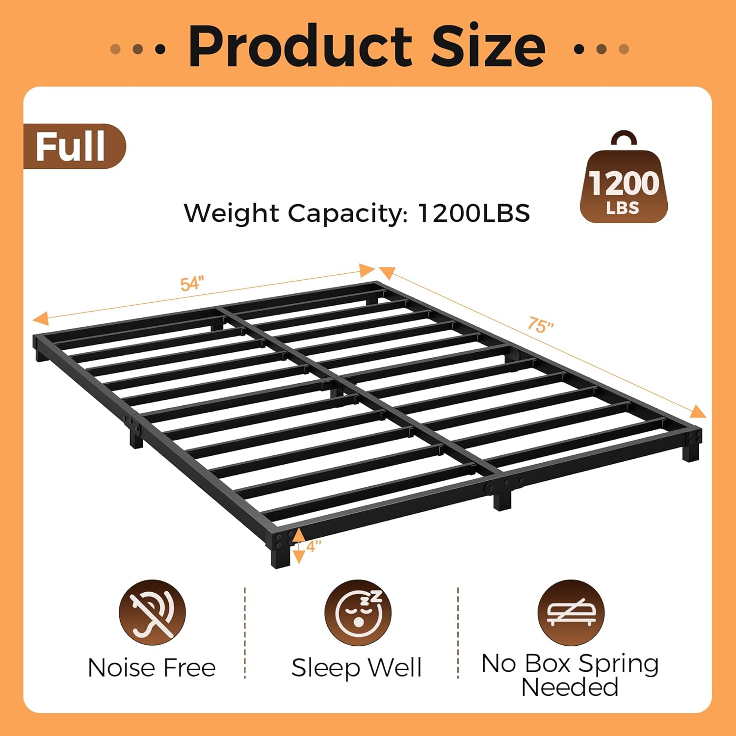 4 Inch Bed Frames Full Size Low Profile Metal Platform Bed Frame Heavy Duty Steel Slat Support, No Box Spring Needed, Easy Assembly, Noise Free Full 4 Inch