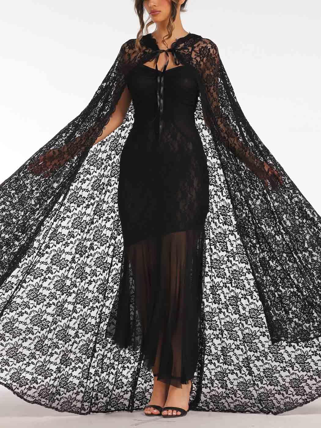 Unicra Black Lace Hooded Cape Halloween Costume Long Cloak Full Length Cosplay Witch Vampire Cape for Women - Image 5