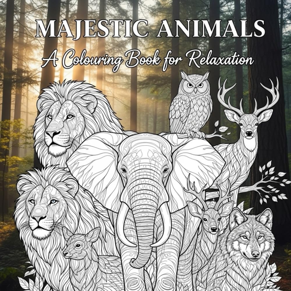 Majestic Animals: A Colouring Book for Relaxation – 40 Intricate Wildlife Scenes with Lions, Tigers, Bears, Elephants & Owls (8.5x8.5 Single-Sided Pages)