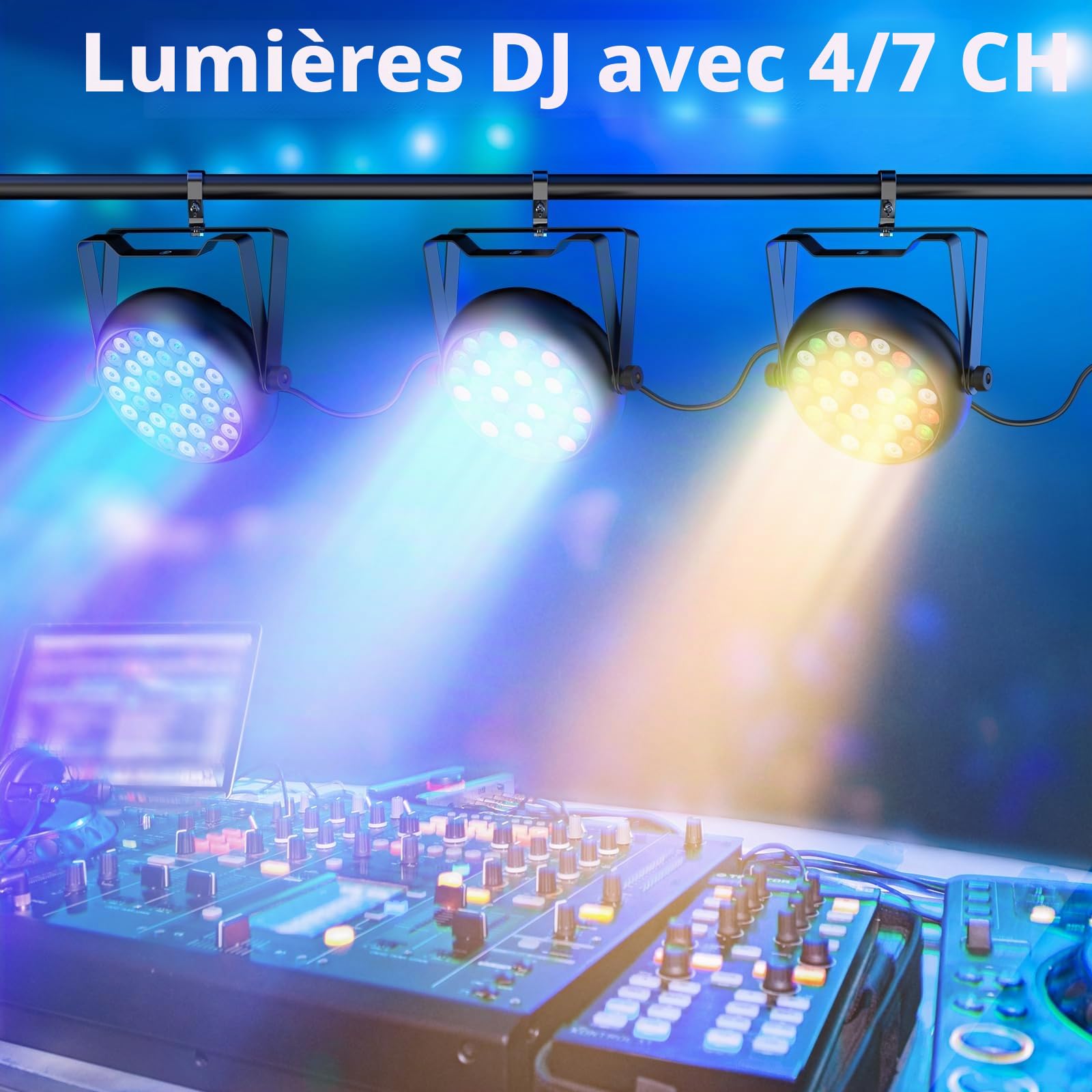 4 PCS RGB 36 LED Lumiere Par, 36W Lumiere de Scene avec Télécommande et 4 Modes de Contrôle, Par LED Eclairage Scene pour Noël Halloween Disco Show Concerts Party