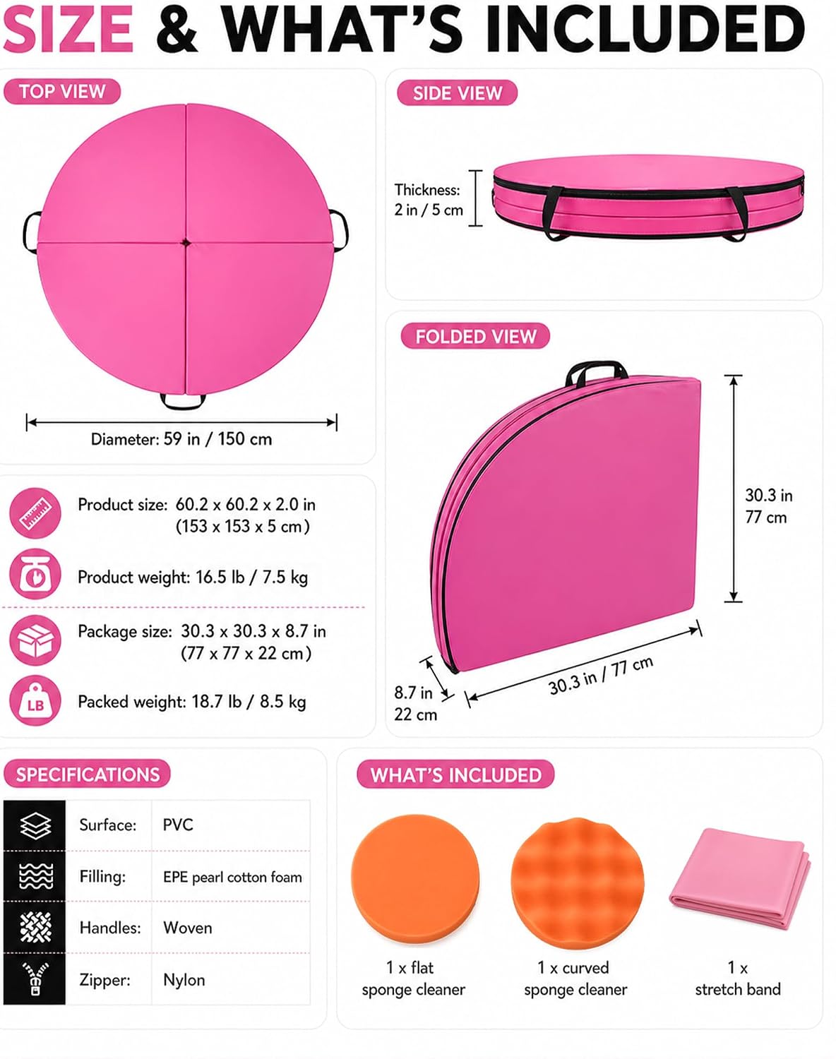 PYY Dance Pole Crash Mat - 5 Ft Foldable & Portable Pole Crash Pad with an Easy-to-Clean Cover, Band Included, 2" Thicken EPE Foam Exercise and Dance Pole Cushion for Home, Yoga, Fitness, Training