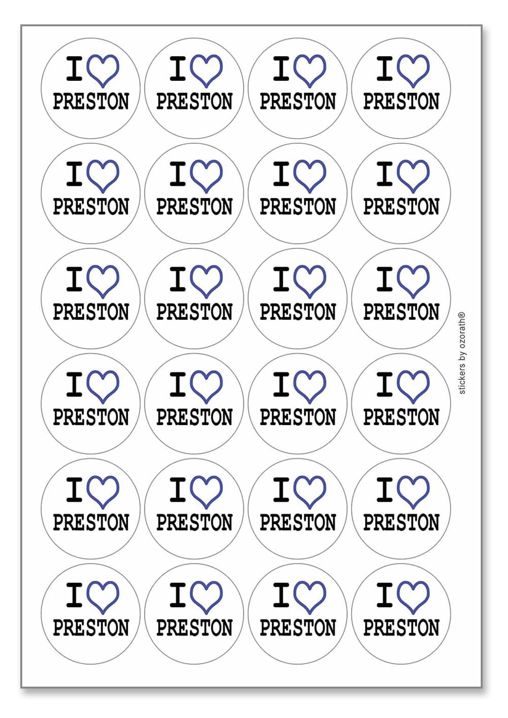 I Heart Love Preston Circular Matt Paper Stickers A4 Sheet of 24 (Each Sticker is 45mm Diameter)
