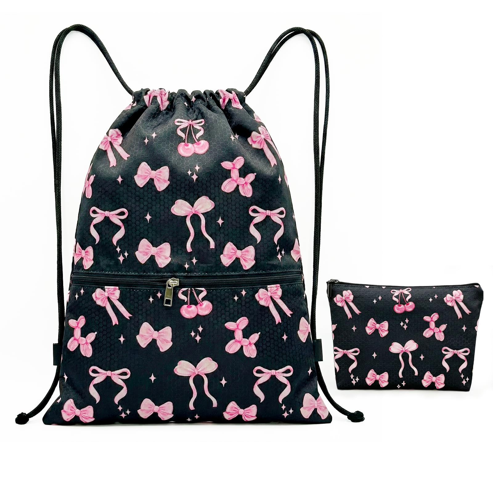 nnOuOnn Bow Waterproof Drawstring Swimming Bag for Kids, Cute Bows Large Capacity Drawstring Combination Backpack Swim Gym PE Bag with Zipper for Women Girls School Travel (Black)