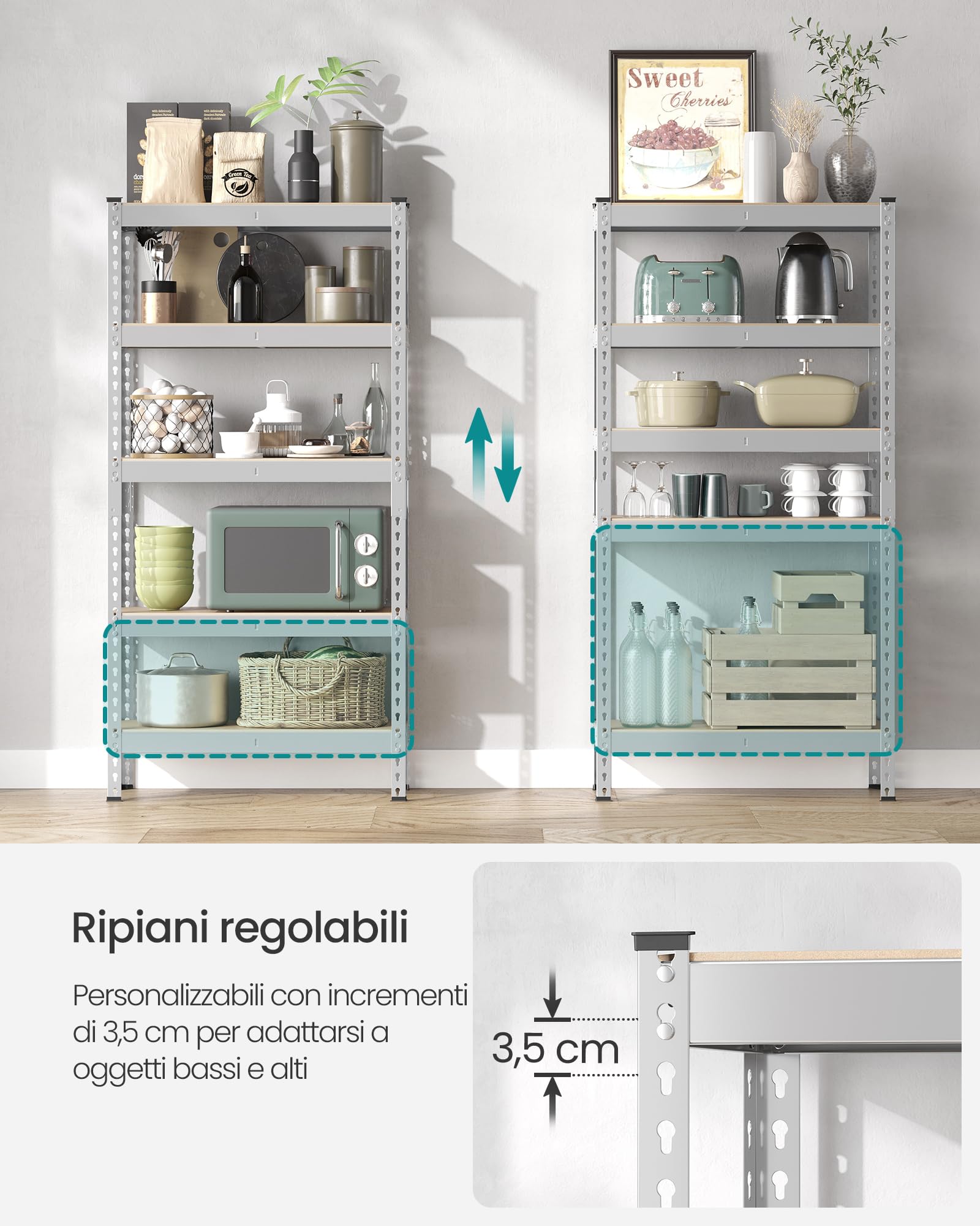 SONGMICS Scaffalatura a 5 Ripiani, Scaffale Portaoggetti, Montaggio Senza Bulloni, Ripiani Regolabili, 30 x 75 x 150 cm, Portante 875 kg, per Garage Magazzino Cantina, Argento GLR300E01