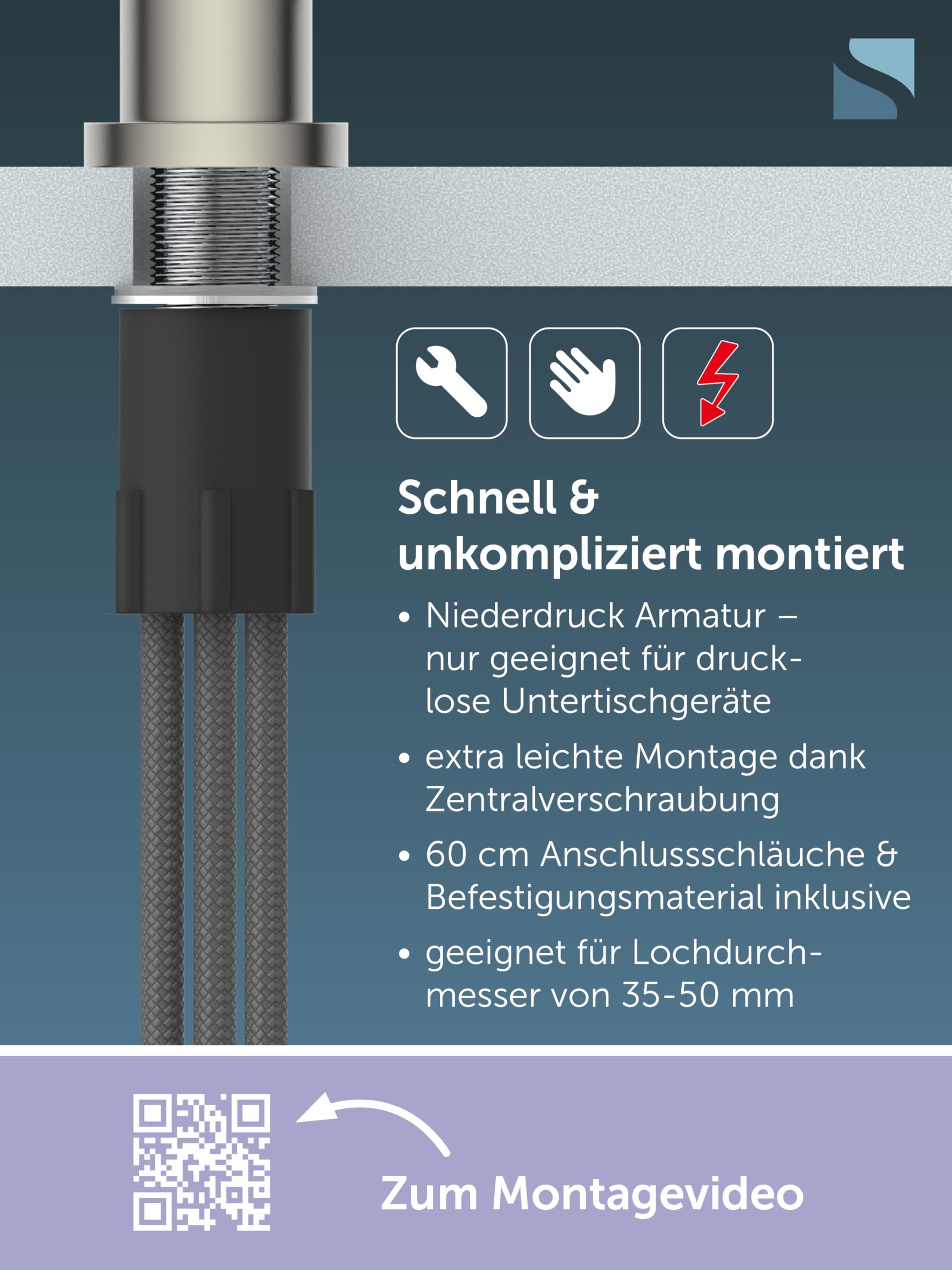 SCHÜTTE 79129 CORNWALL Küchenarmatur Niederdruck, Spültischarmatur mit hohem Auslauf, Einhebelmischer, energiesparend, 360 ° schwenkbar, Wasserhahn Küche, Armatur Spüle, Edelstahl