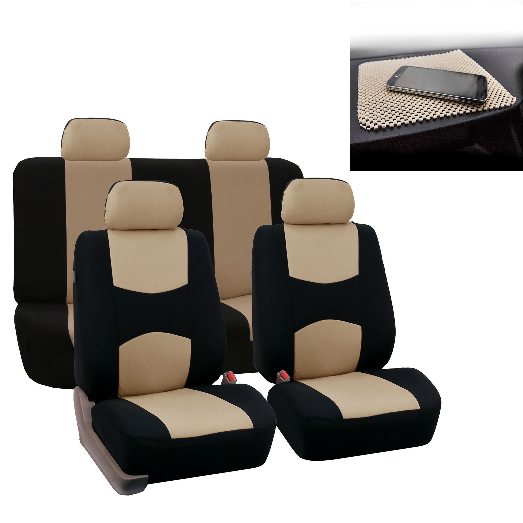FH Group Automotive Seat Covers Flat Cloth Full Set Beige Combo Small Car Seat Cover Design, Rear Solid Bench Universal Fit and Car Seat Protector for Vans Cars Trucks and SUV Interior Accessories