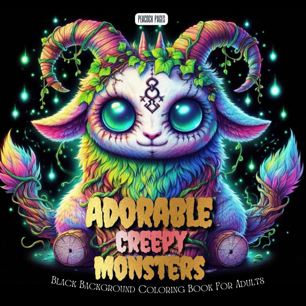 Adorable Creepy Monsters Coloring Book: A Cute and Spooky Black Background Coloring Book for Adults Featuring Whimsical Forest Creatures and Fantasy Beasts