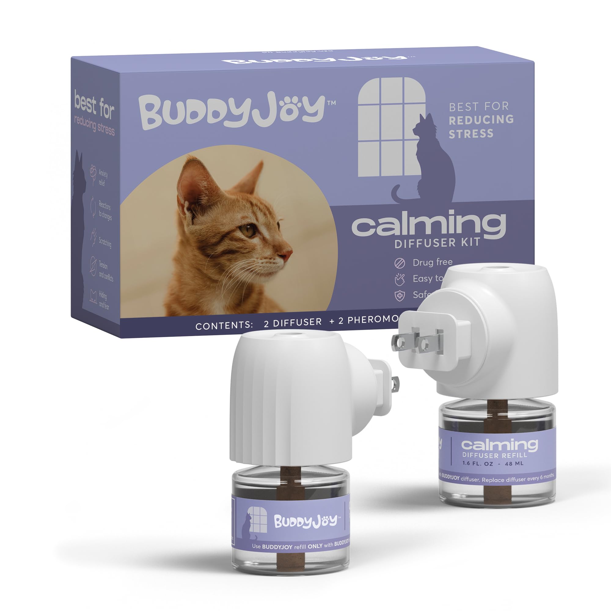 BUDDYJOY Cat Calming Diffuser Refills – Long-Lasting 30-Day Formula, Cat Pheromones Calming Diffuser for Stress Relief, Relaxation, and Anxiety Reduction, Easy to Use – (2 Diffusers + 2 Refills)