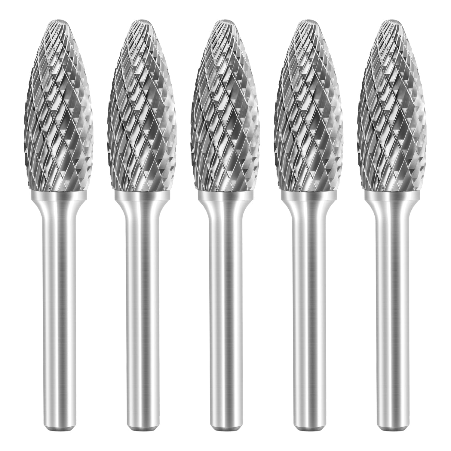 SH-5 Tungsten Carbide Burr Rotary File Flame Shape Double Cut with 1/4''Shank for Die Grinder Drill Bit - 5 Pcs