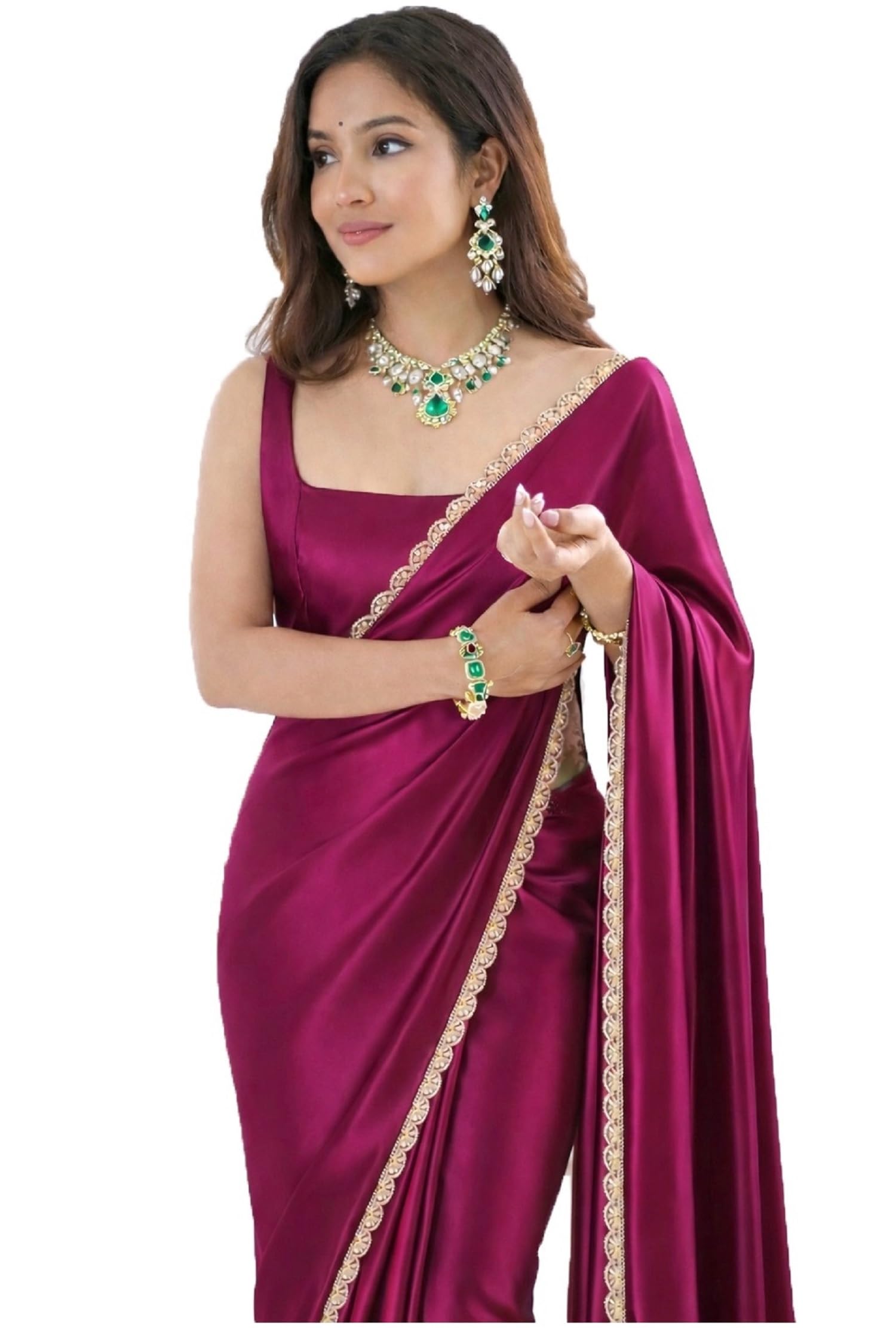 sataz Women's Ready To Wear Pink Satin Silk One Minute Readymade Stitched Saree Scalloped Border With Unstitched Blouse-picture-39