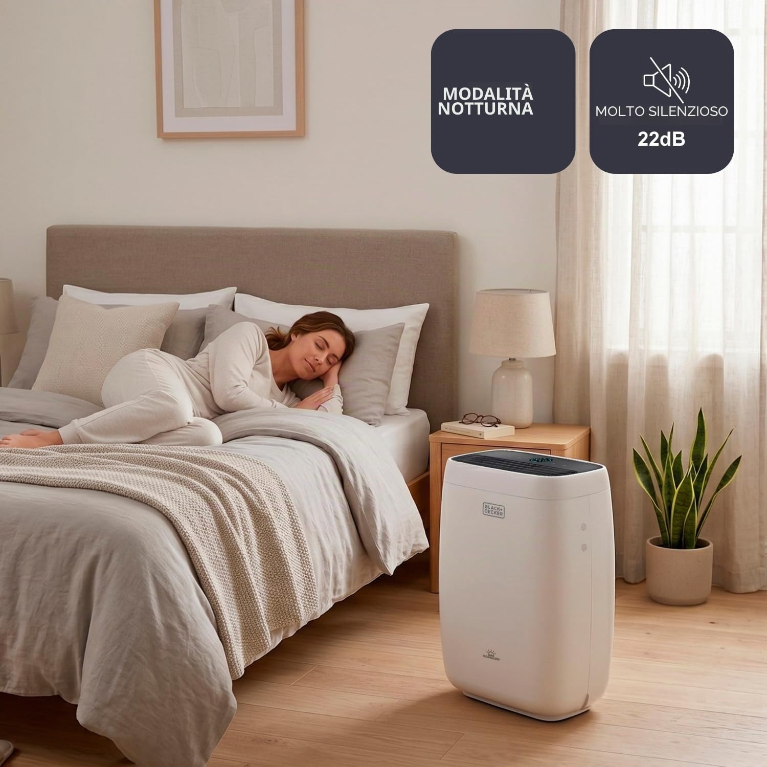 Black+Decker BXAP350E - Purificatore d'Aria con Sensore di Qualità dell'Aria Ultra-Silenzioso, 350 m³/h, Triplo Filtraggio e Indicatore di Cambio Filtro, Modalità Notturna