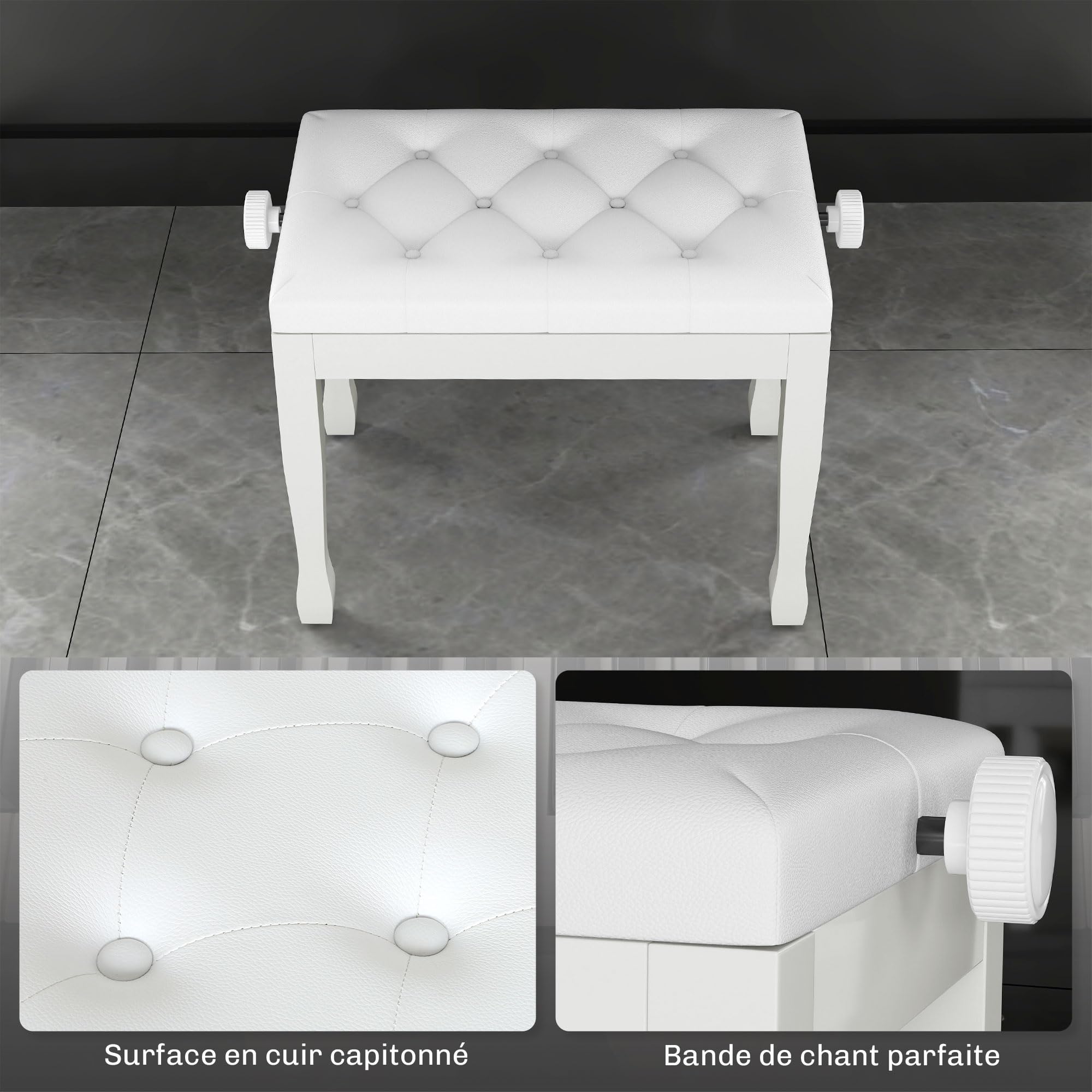 HOMCOM Banc de Piano, Banc de Clavier réglable en Hauteur en Bois Massif, Tabouret Piano avec siège rembourré polyuréthane à 10 Boutons, Stable et antidérapant, Charge 200kg, Blanc