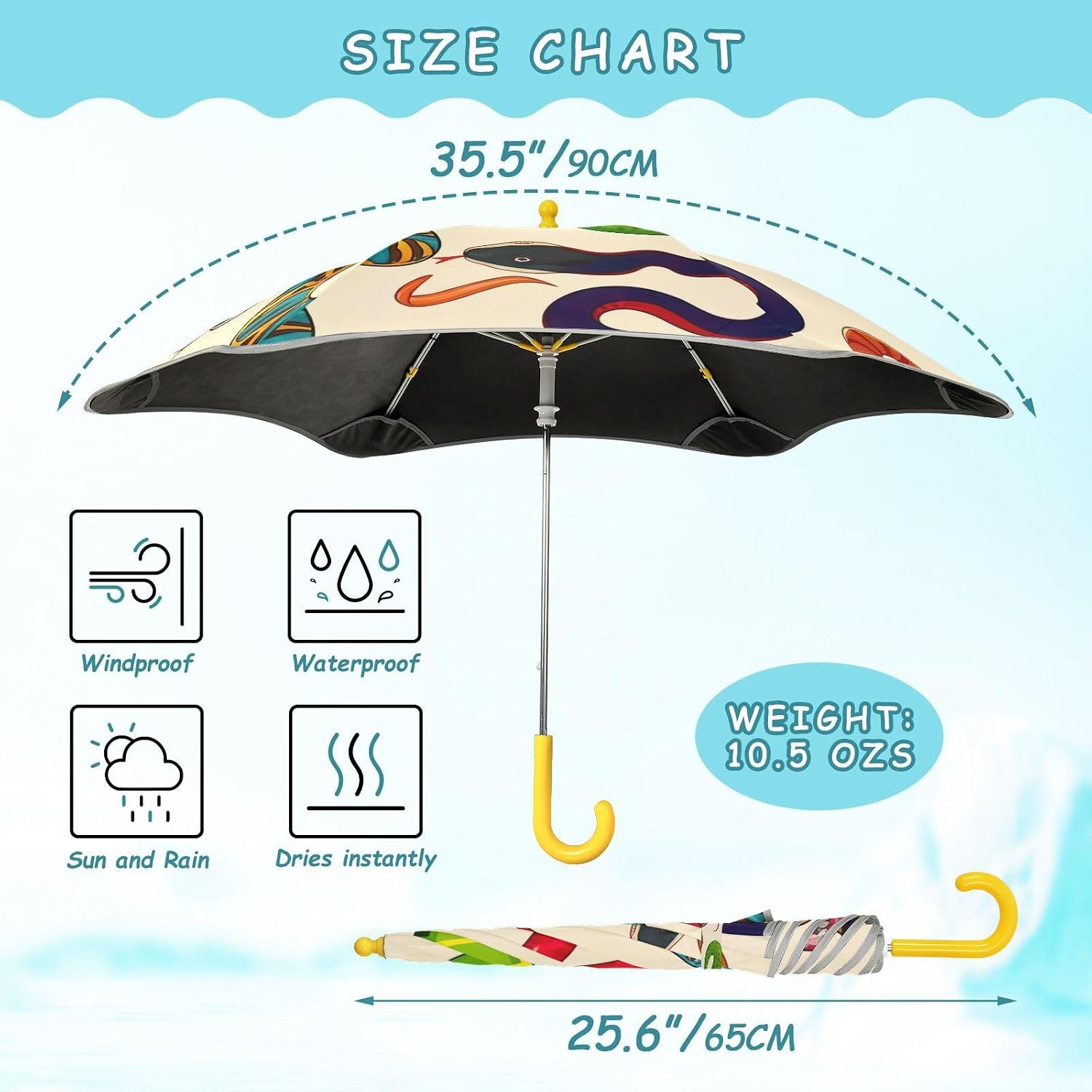 Kids Sun and Rain Umbrella with Rounded Corner Umbrella with Hook Handle, Snakes Beige