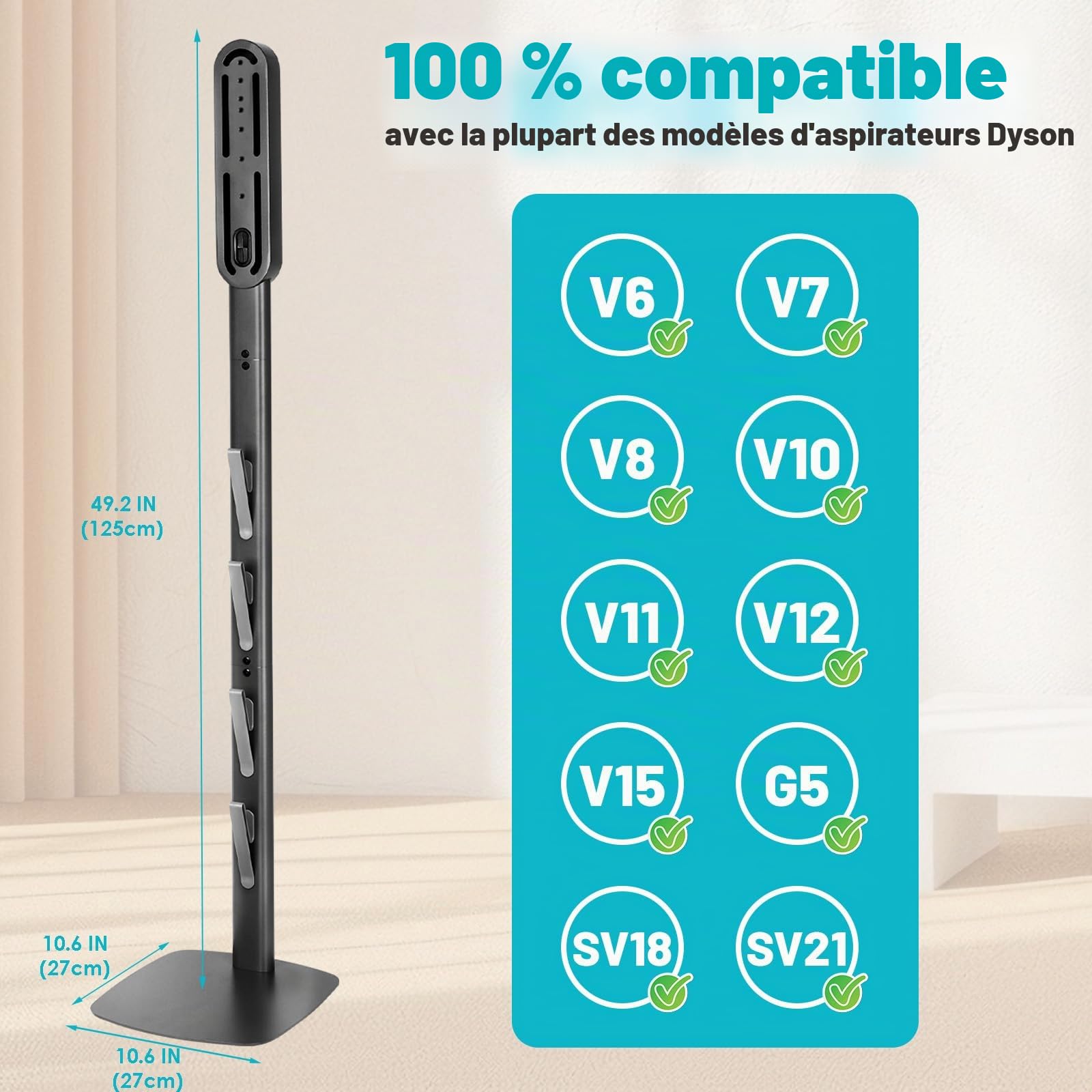 FrontLine Support pour aspirateur Dyson Gen5 V8 V15 V12 V11 V10 V7 V6, rangement mural stable en métal sans perçage, organiseur peu encombrant avec 4 crochets pour aspirateur sans fil Dyson et