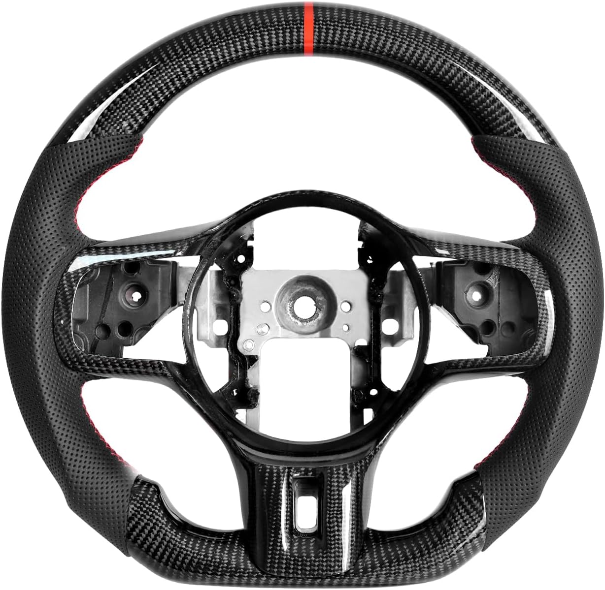 Real Carbon Fiber Steering Wheel for Mitsubishi Lancer Evolution EVO X 10 2008-2015, D-shaped Flat-bottom Perforated Leather Grip,with Carbon Fiber Trim