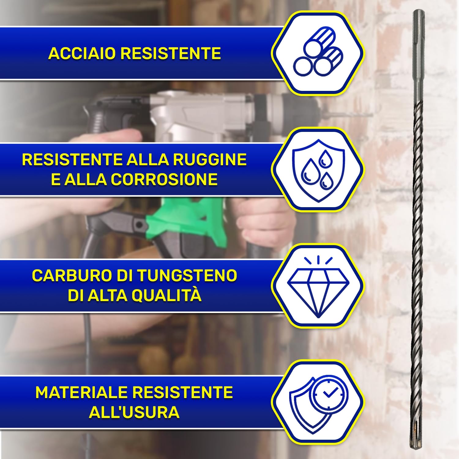 Punta Trapano Muro SDS Plus Ø 8 mm x 310 mm Realizzata in Acciaio e Carburo di Tungsteno - Punta SDS Plus può Essere Utilizzata per Mattoni Pareti Pietra Cemento Armato - MONTERAL