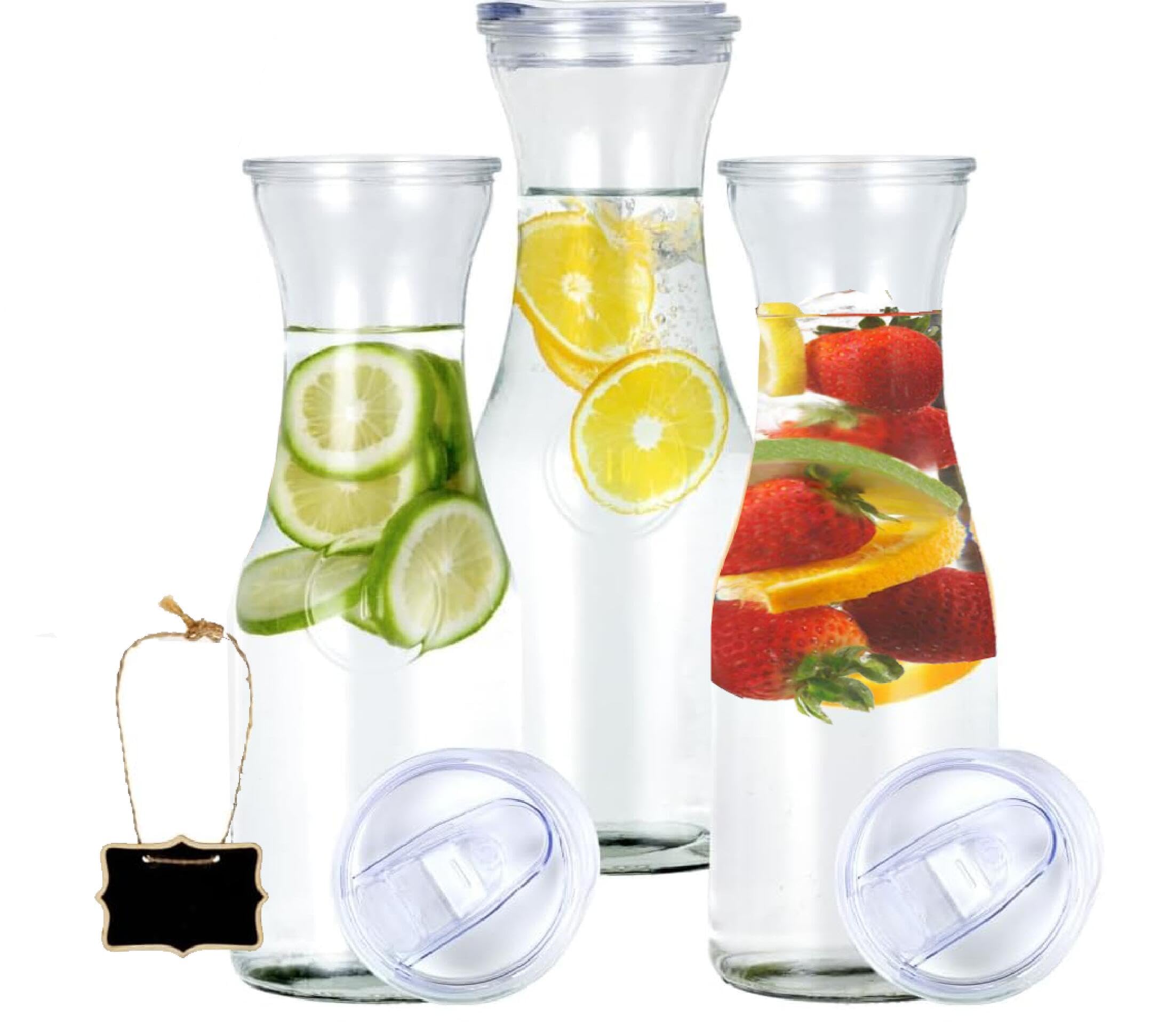 Richro Glass Carafe With Lids & Tags, Beverage Dispensers Jugs For Mimosa Bar, Glass Pitcher Wine Iced tea Milk and Juice, water pitcher for fridge with sliding Lids, Dishwasher Safe, 33 oz, Set of 3