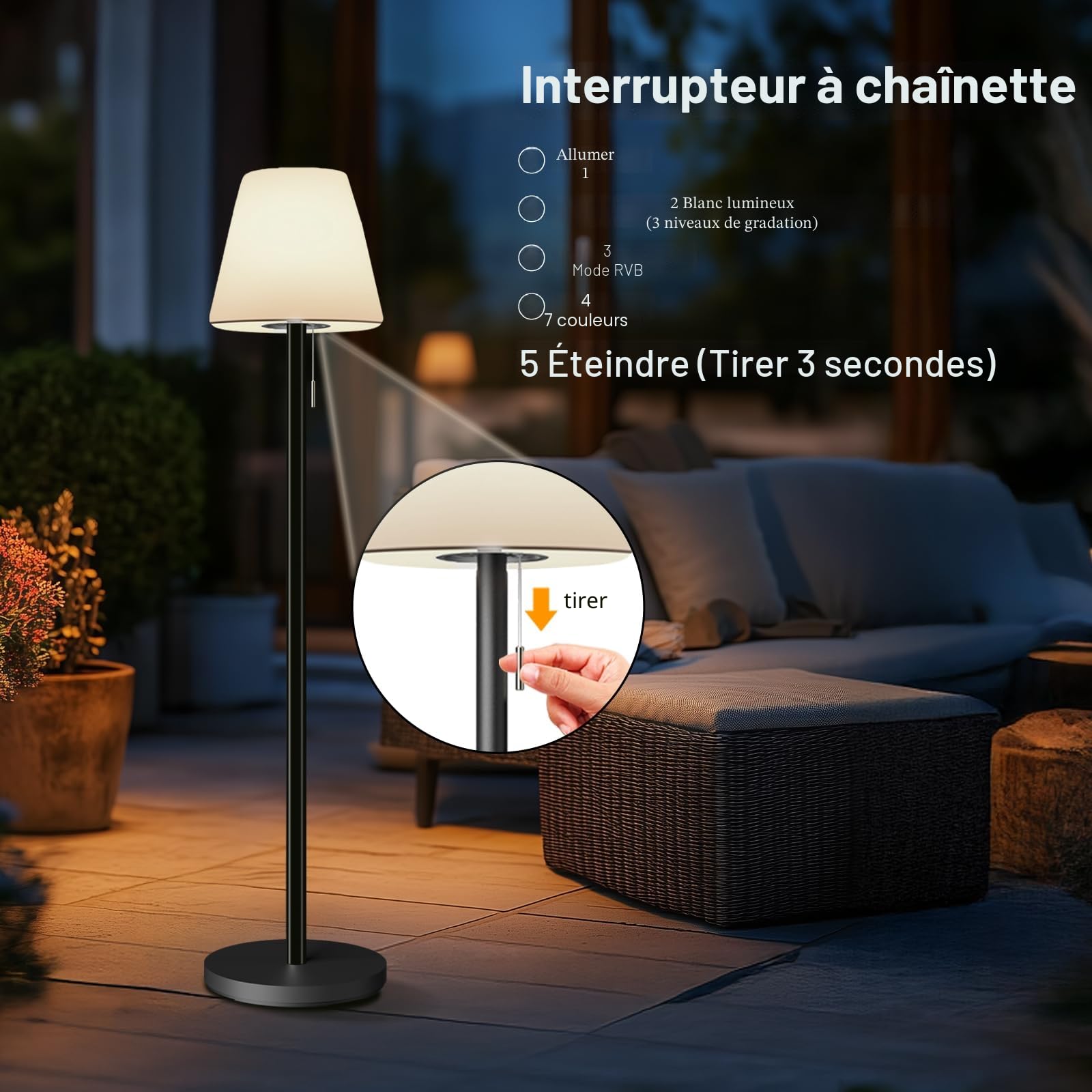 Lampadaire solaire extérieur batterie LED lampes sans fil dimmable blanc chaud et RGB lampadaire avec capteur de lumière, lampes étanche extérieur pour terrasses.