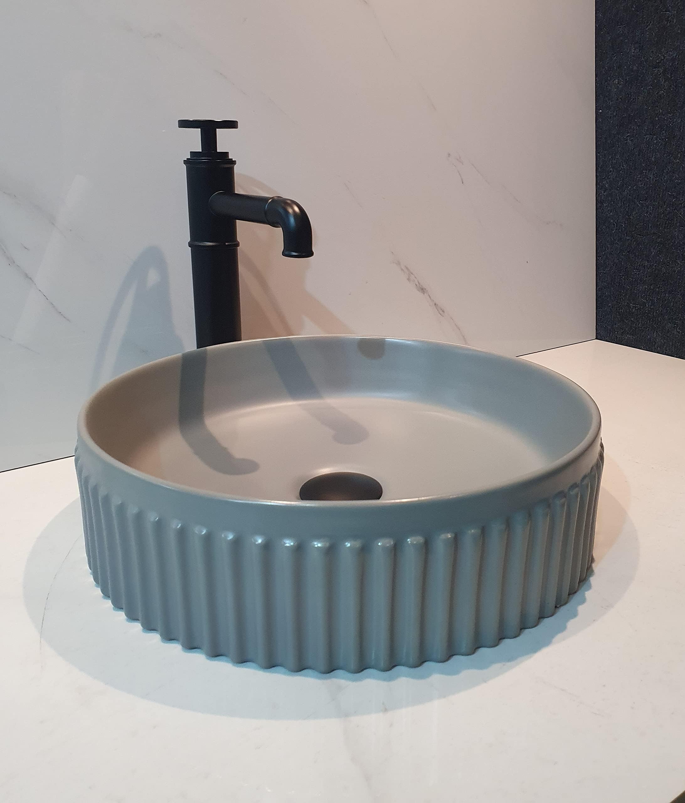 B Backline Ceramic Table Top Wash Basin | Vessel Sink Round Shape Counter Top Wash Basins For Bathrooms & Living Room 14 X 14 X 4 Inches (Grey Matt)