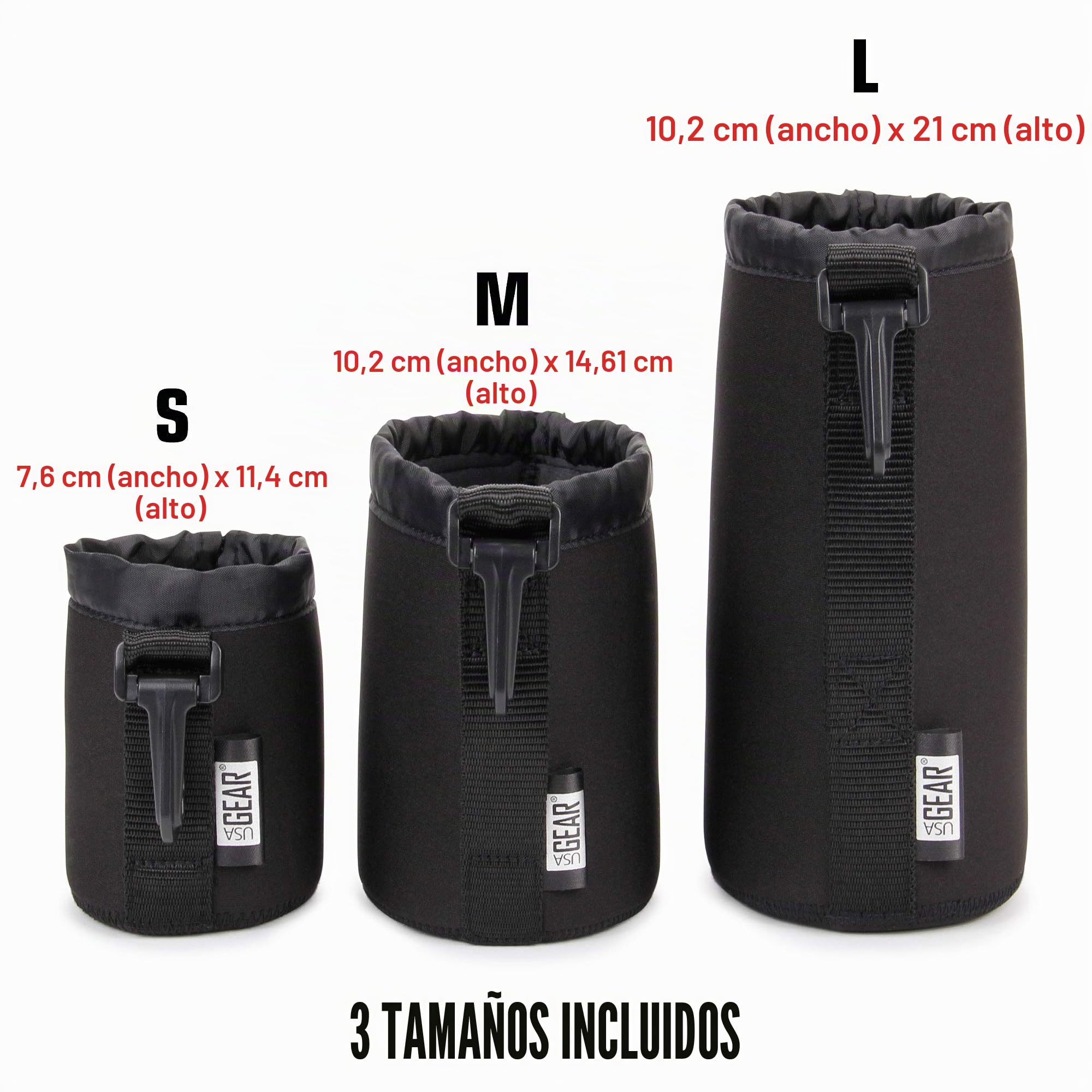 USA Gear FlexARMOR Pack de 3 Fundas para Objetivos De Neopreno - Funda Pequeñas, Mediana Y Grande. para Lentes De hasta 70-300 Mm con Abertura con Cordón, Clip Adjunto Y Trabilla Reforzada - Negro