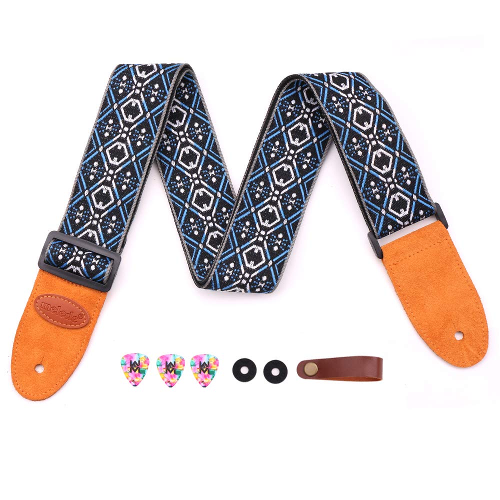 Melede Adjustable Guitar Strap Jacquard Weave Hootenanny Style Cotton & Genuine Leather Strap for Bass, Electric & Acoustic Guitars