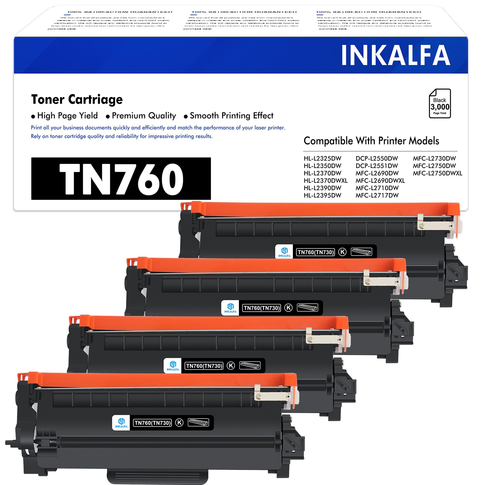 Inkalfa Compatible TN760 Toner Cartridge: Replacement for Brother TN760 TN730 TN-760 TN 760 730 TN-730 for DCP-L2550DW HL-L2390DW MFC-L2710DW MFC-L2750DW MFC-L2730DW Printer Ink (Black, 4-Pack)