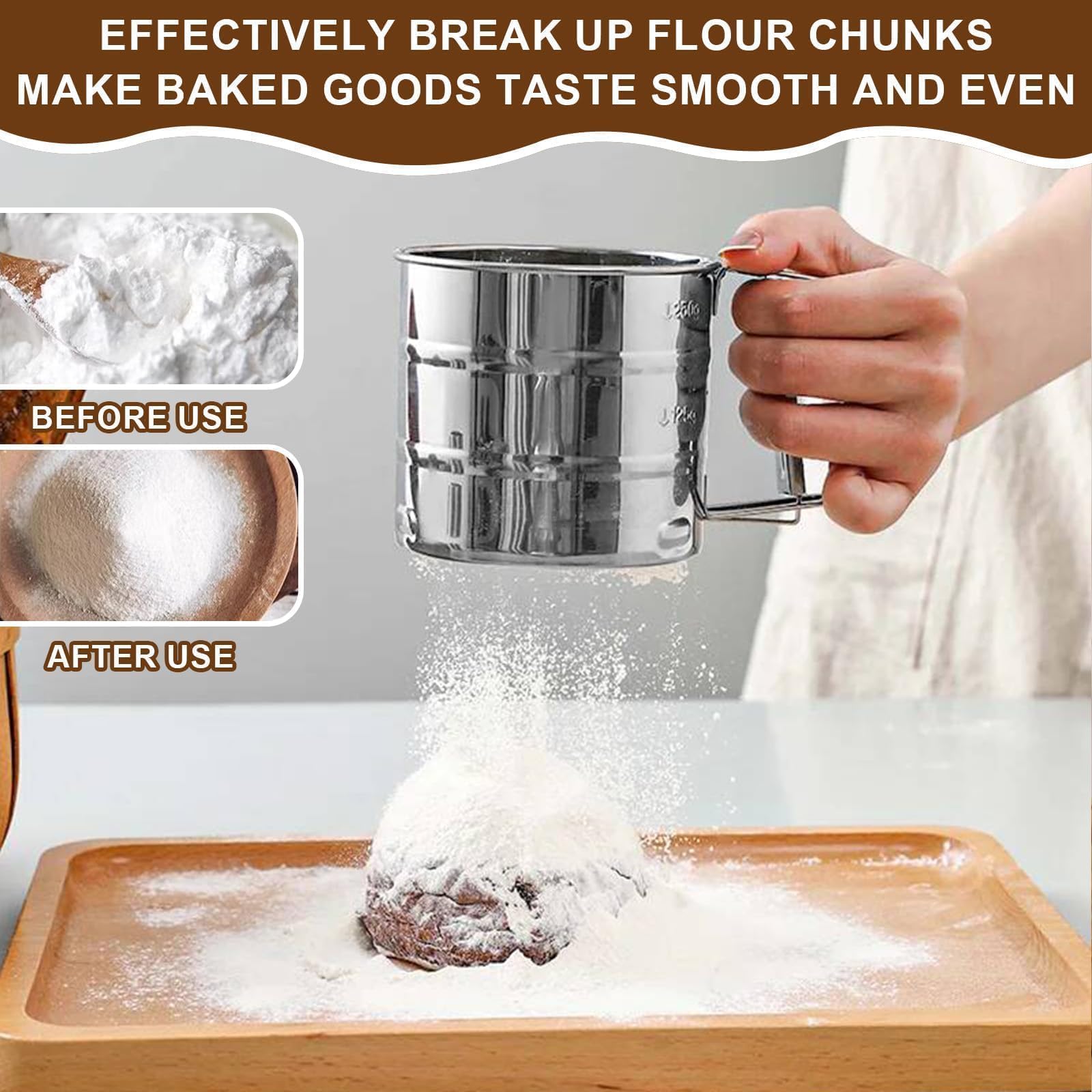 Set di 5 Setaccio Farina in Acciaio Inox Spargi Zucchero a Velo a Una Mano Colino Cucina con Coperchio Setaccio per Farina con 16 Coffee Stencils per Cacao, Spezie, Cioccolato, Zucchero
