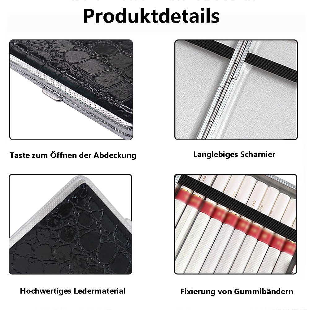 Portasigarette Da Donna In Pelle E Metallo Nero - Per 20 Sigarette Sottili O 14 Regular