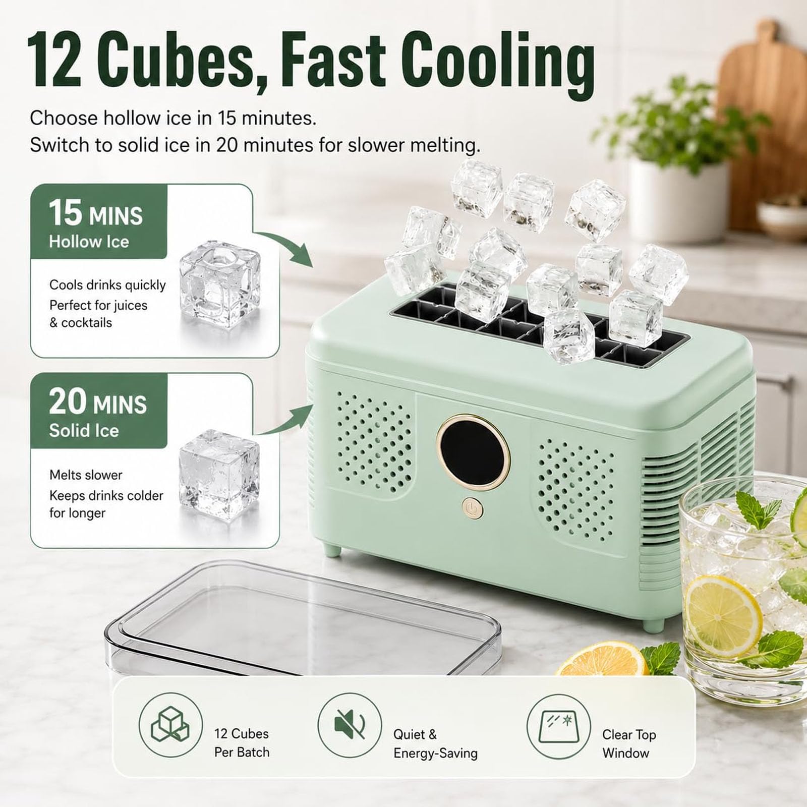 Fabbricatore di ghiaccio da banco, 16 kg/24 ore, adatto anche per auto. | Ice Cube Maker portatile, 12V DC Mini Ice Maker per auto, 15 minuti / 12 cubi per cucina domestica, viaggi, campeggio(green)