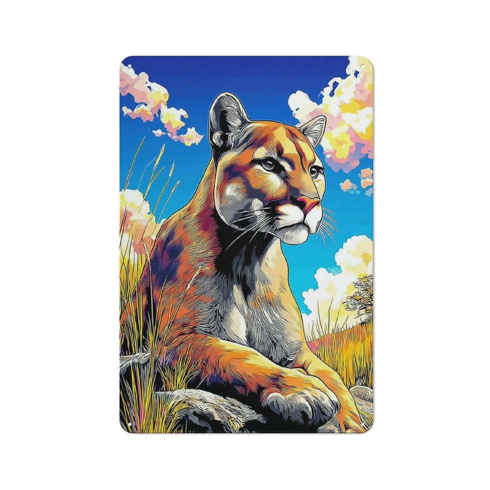 Junmoney Mountain Lion In Wildflowers 30X20cm Retro Metal Plaque With For Garage Or Workshop, Housewarming Present For People Styling Garage And Workshop