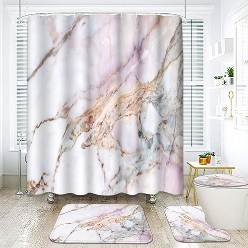 ArtSocket Juego de 4 cortinas de ducha con diseño de mármol, rosa, blanco, negro, rojo, piedra vintage con alfombras antideslizantes, cubierta de