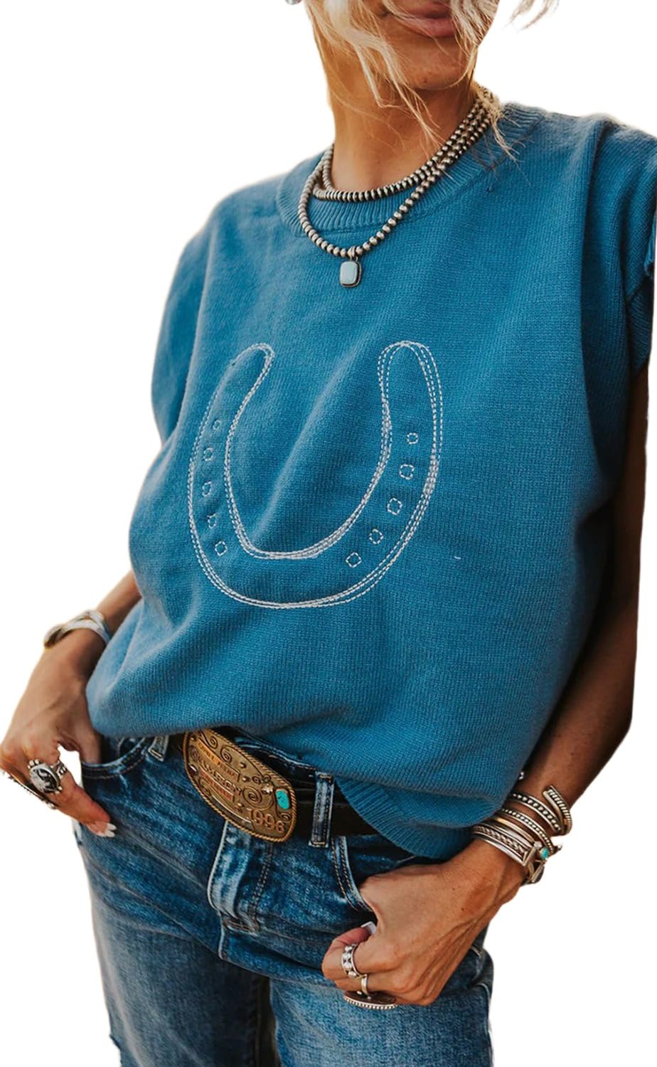 Apvirdy Womens Horse Shoe Embroidered Sweater Casual Loose Crewneck Short Sleeve Knit Pullover Ribbed Trim Western Sweaters