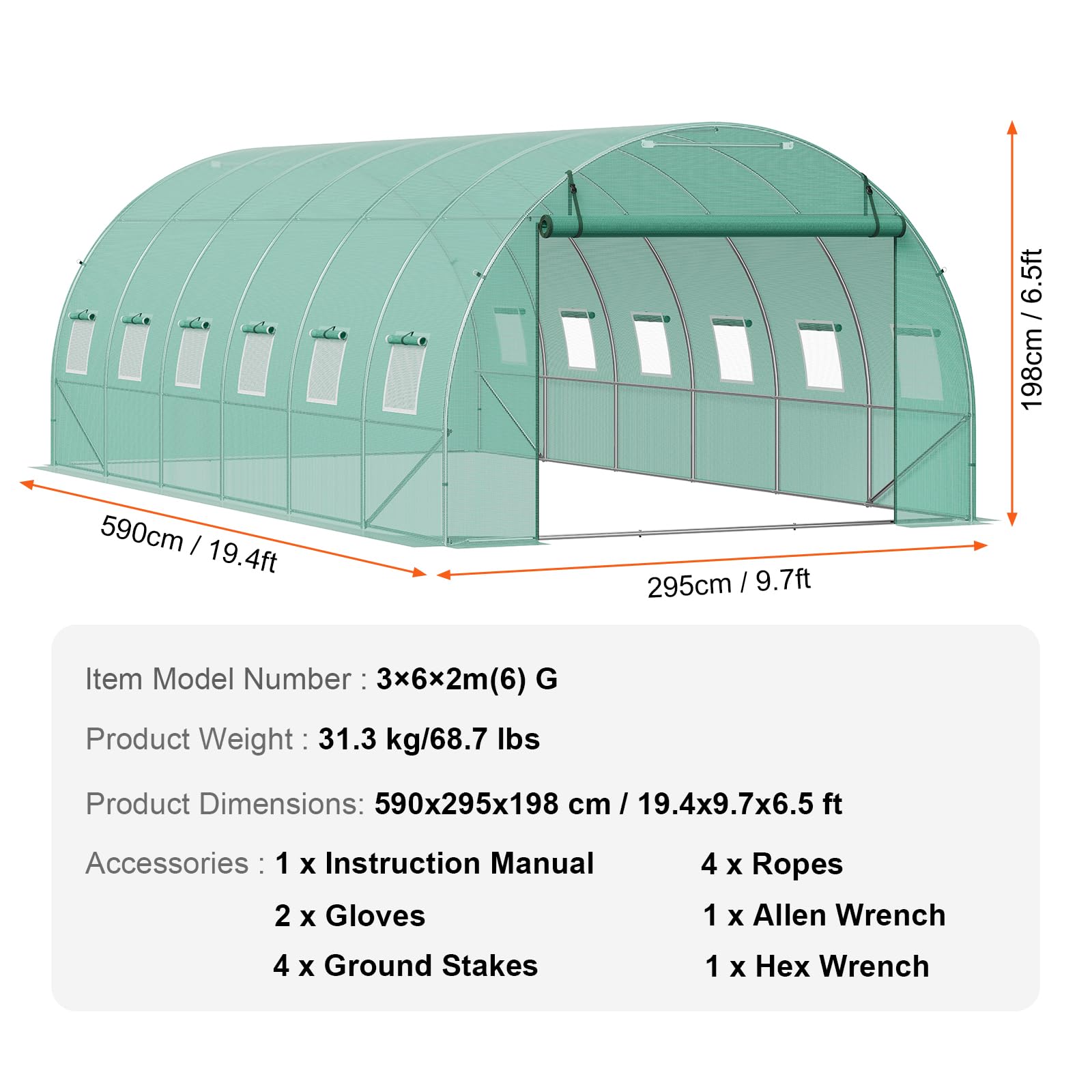 VEVOR Invernadero Túnel 590x295x198 cm Carpa Refugio para Plantas con Estructura de Acero Galvanizado Cubierta de PE Puerta Enrollable con Cremallera 12 Ventanas para Cultivo de Verduras Flores, Verde