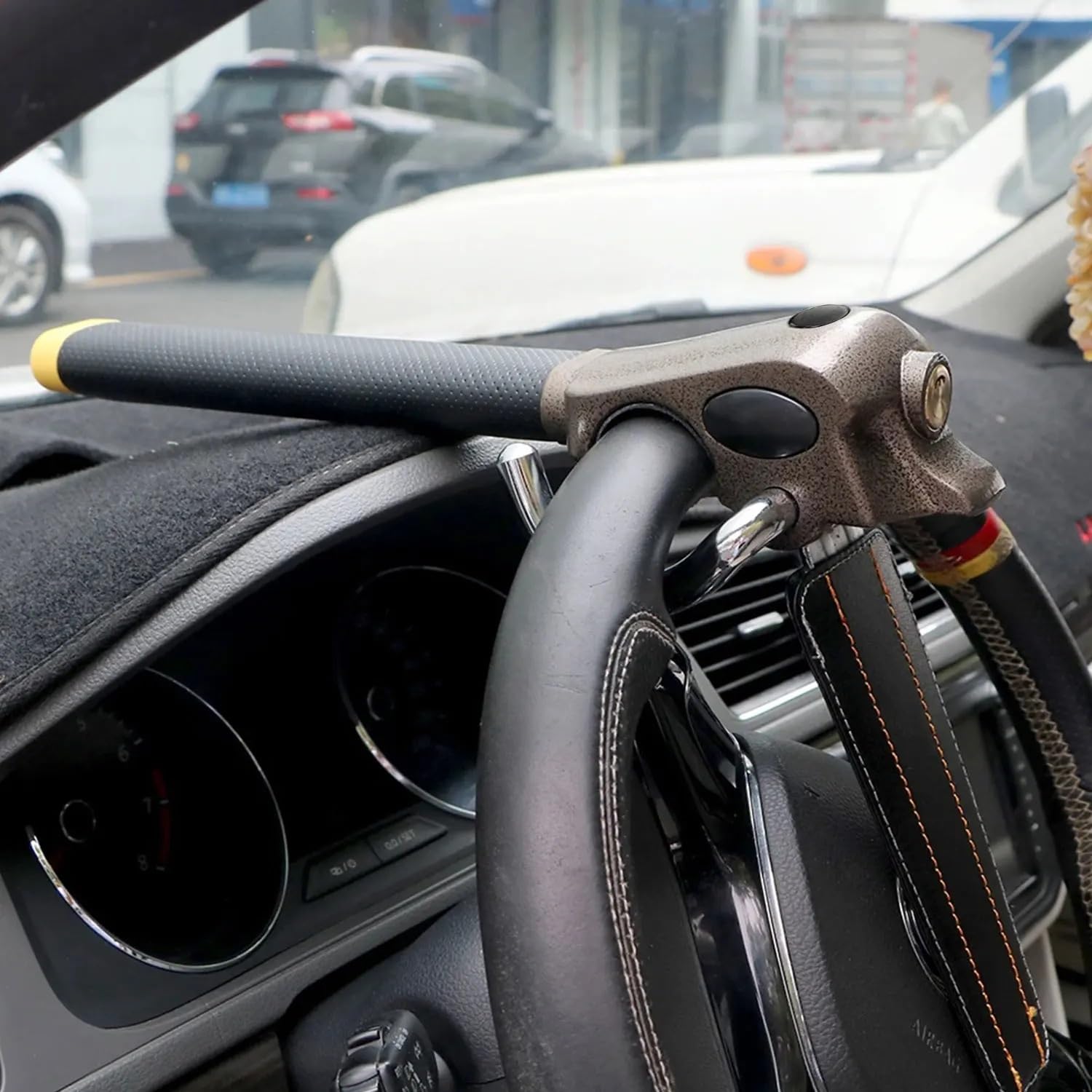 Bloqueo Volante Coche Cerradura de dirección aleación aluminio, seguridad antirrobo con alarma bocina, 3 teclas únicas, interruptor ventana emergencia, cerradura coche