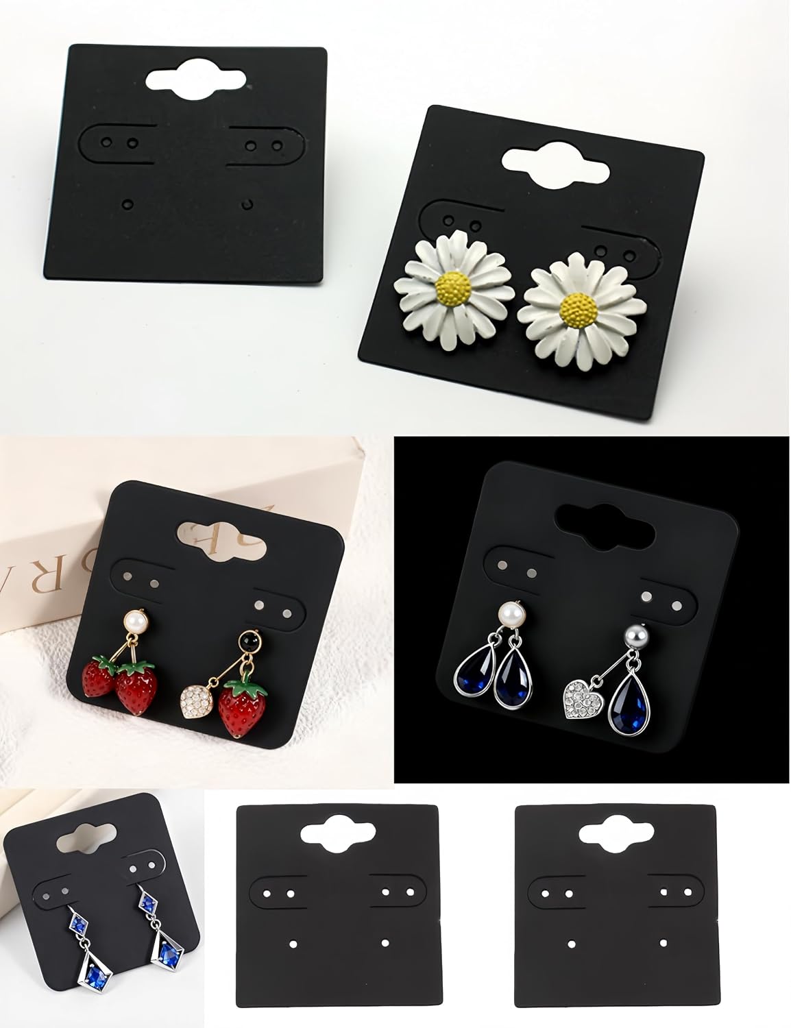 PAVNSO 100 Pcs Earring Display Holder Cards, 2 Inch Black Earring Hanging Cards, Blank Jewelry Tags with 6 Holes Hanging for Selling/Retail DIY Craft