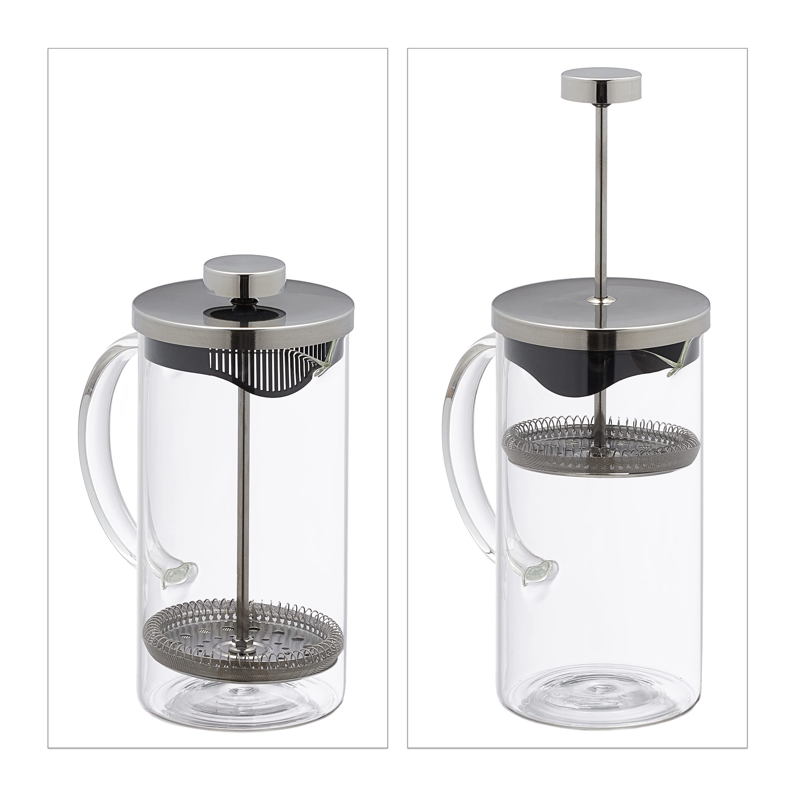 Relaxdays Cafetière Manuelle, Carafe à Piston, passoire intégrée, 600 ML, Verre et Acier Inoxydable, Transparent/argenté