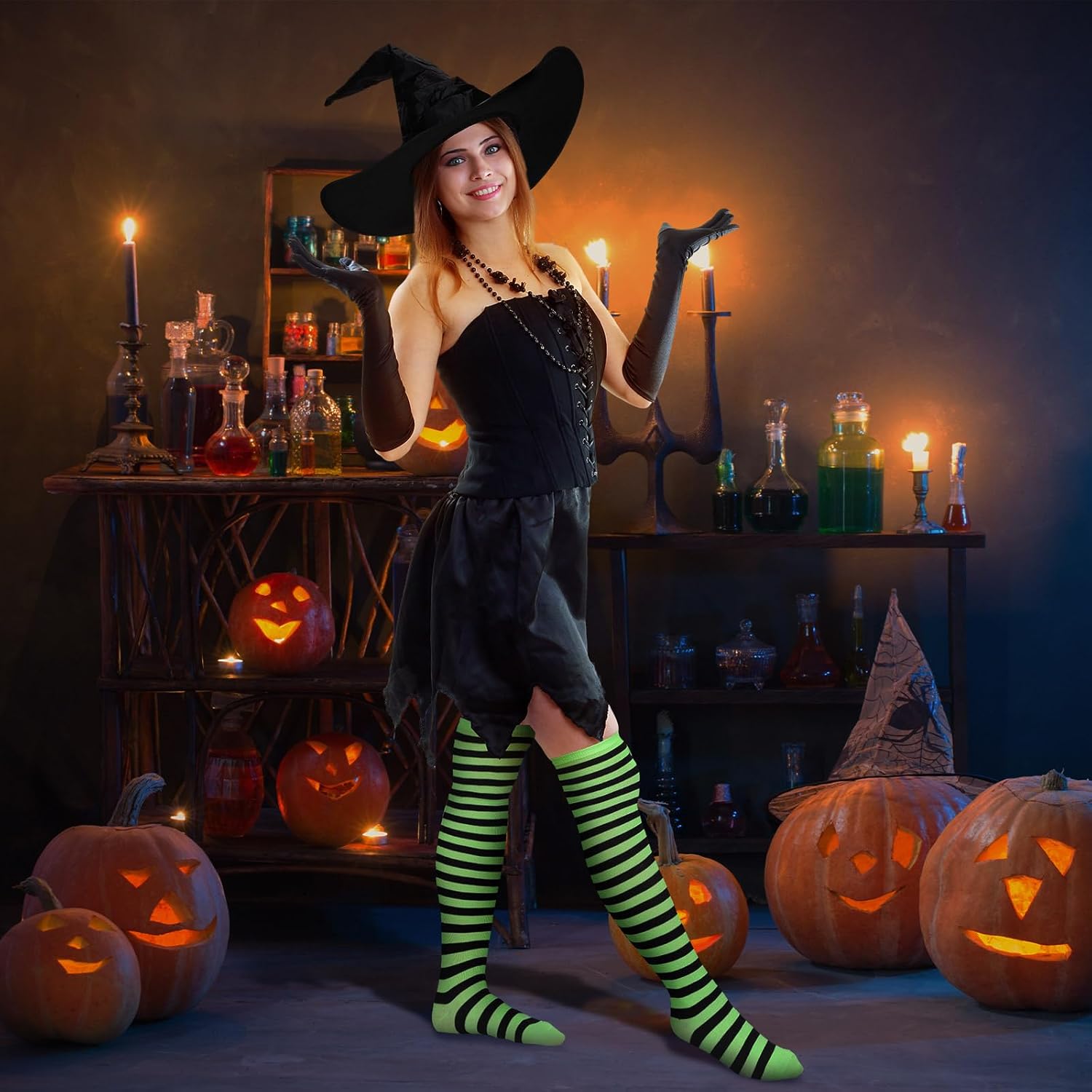 Jeyiour 6 Pcs Halloween Women's Witch Hat Black and 6 Pairs Long Striped Socks Over Knee Thigh High Socks Striped Stockings for Halloween Cosplay Party Favors Cosplay Costume