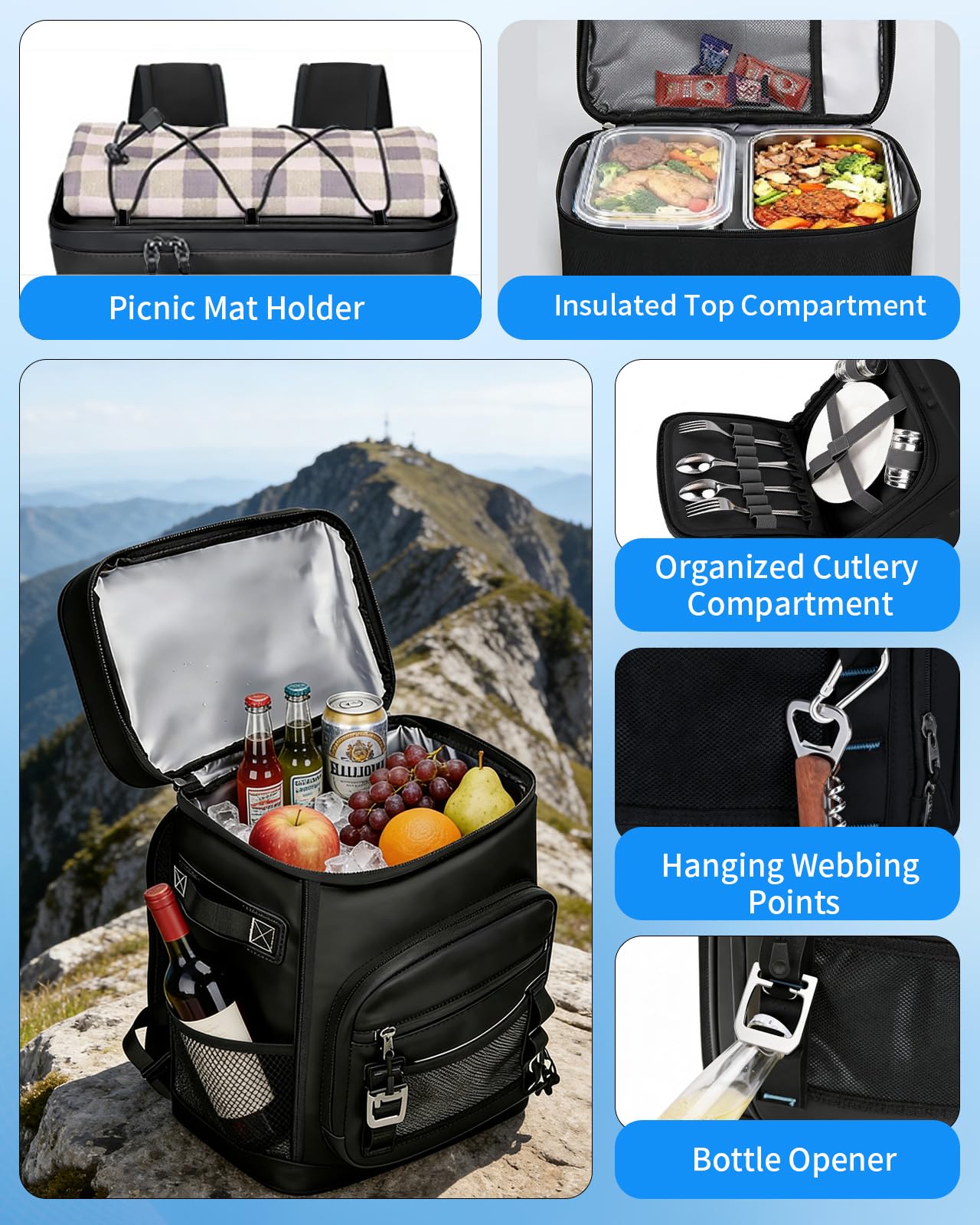 Sac à Dos Isotherme à Glacière 30L, Portable Sac Isotherme Repas Impermeable pour Travail, Camping, Nique, Plage, BBQ, Camping, Randonnée - Noir