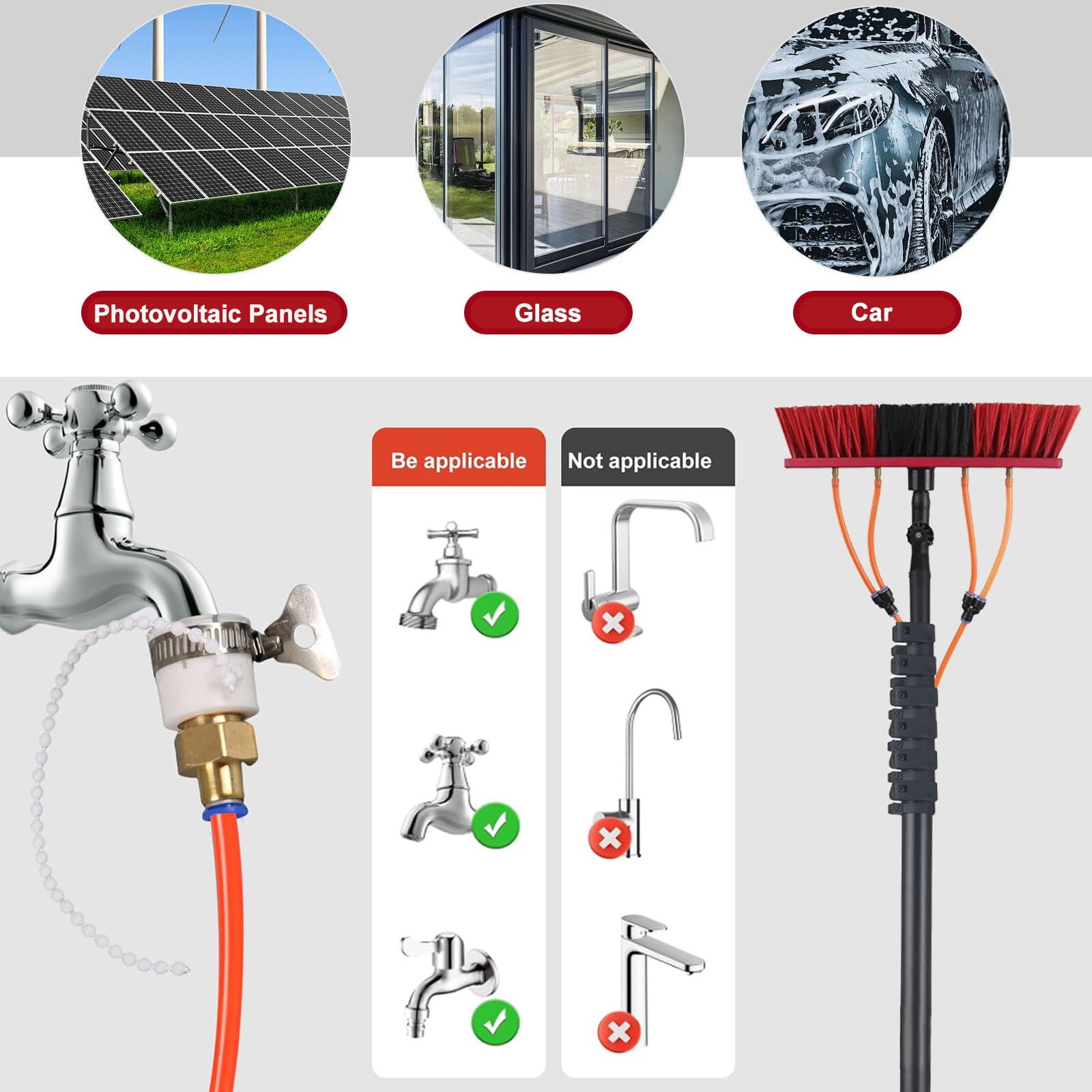 Genérico Cepillo telescópico de Fibra de Carbono para Ventanas (10 m), Extensible, con alimentación de Agua, ángulo Ajustable y dispensador de jabón, Conector de Manguera común para Paneles