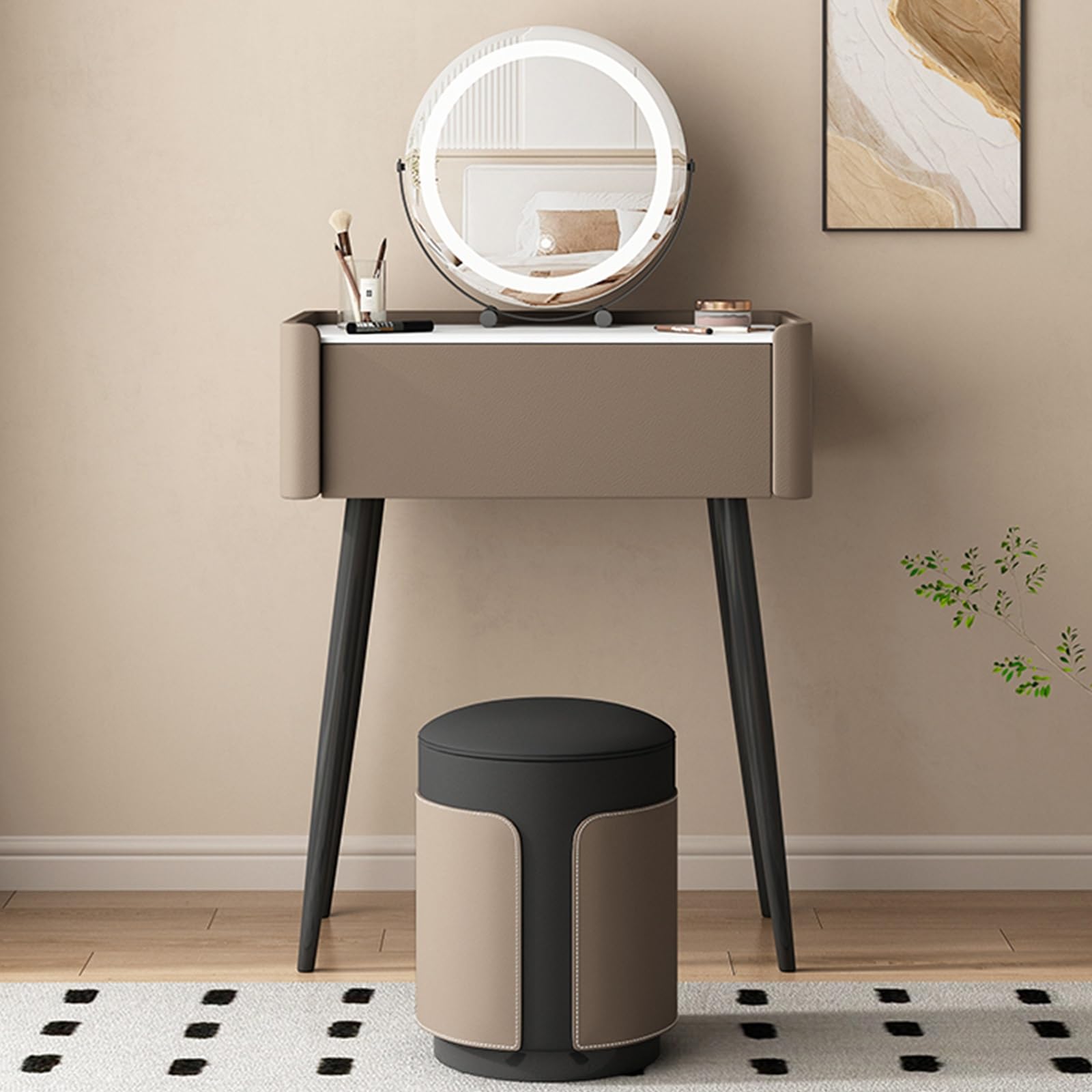 asdchZen 360°Led Makeup Vanity Desk With Stone Slab Top Brown Microfiber Leather Dressing Table Sturdy Metal Legs Perfect For Bedroom-31.5In