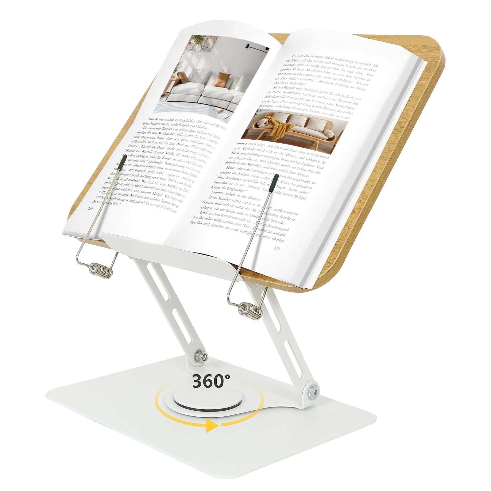 Atril para Libros - Rotación de 360° Atril Estudio con Base y Brazo de Aleación de Aluminio Sólido, Panel de Madera Soporte Libros para Tapa Dura, Receta y Laptop iPad
